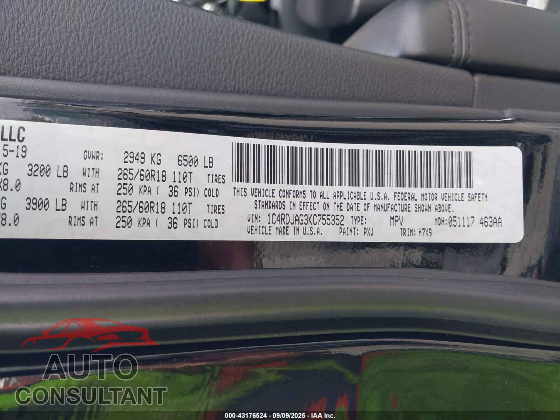 DODGE DURANGO 2019 - 1C4RDJAG3KC755352