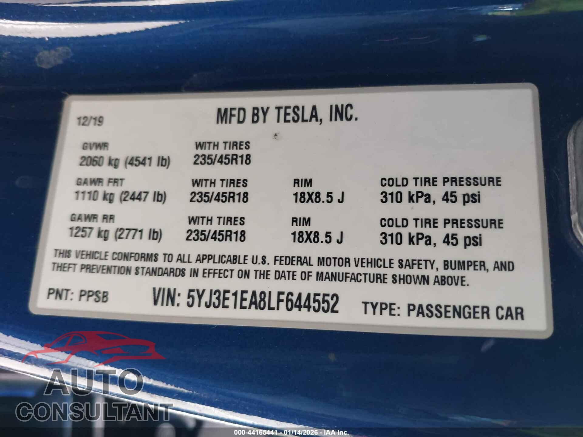 TESLA MODEL 3 2020 - 5YJ3E1EA8LF644552