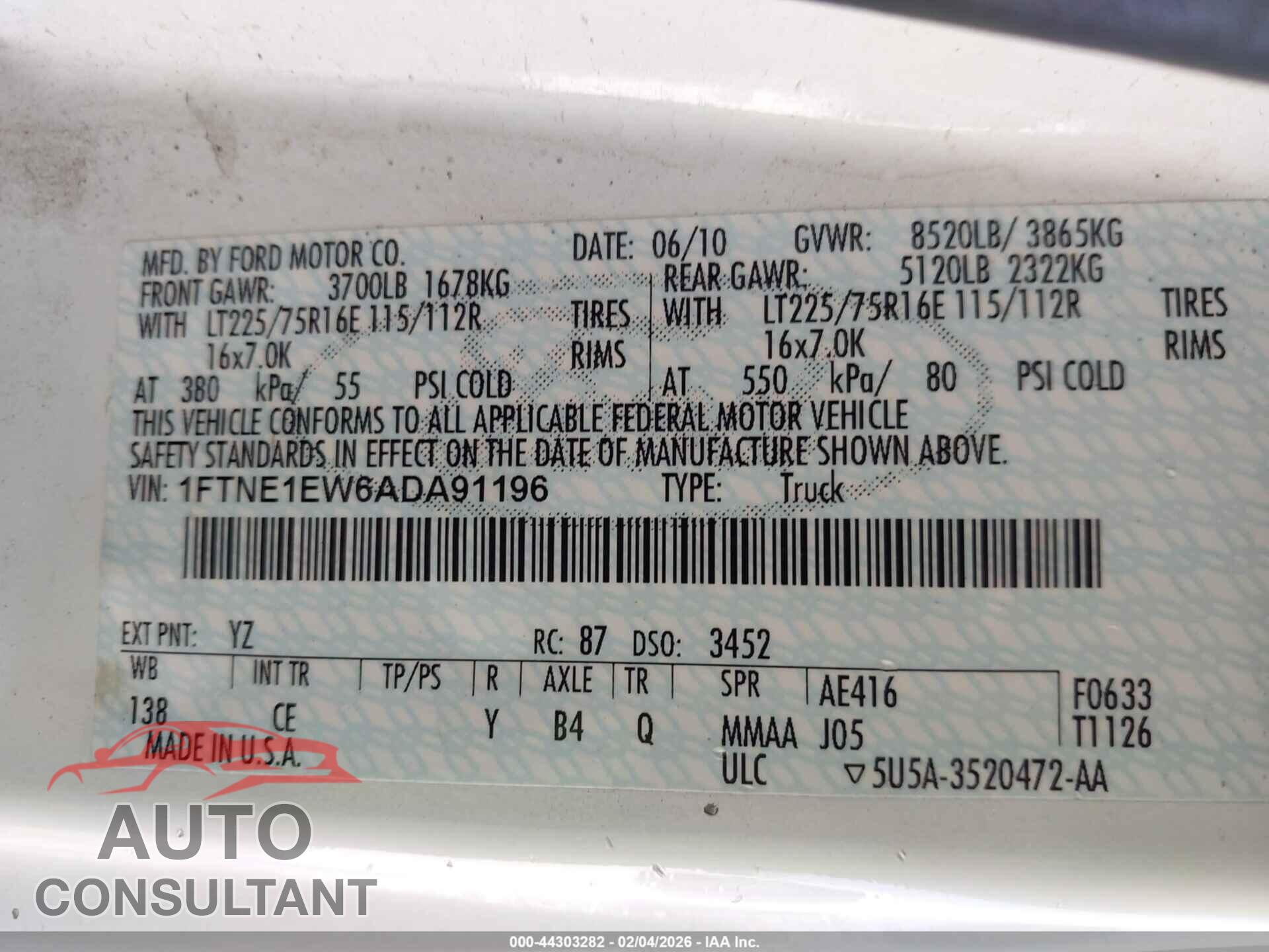 FORD E-150 2010 - 1FTNE1EW6ADA91196