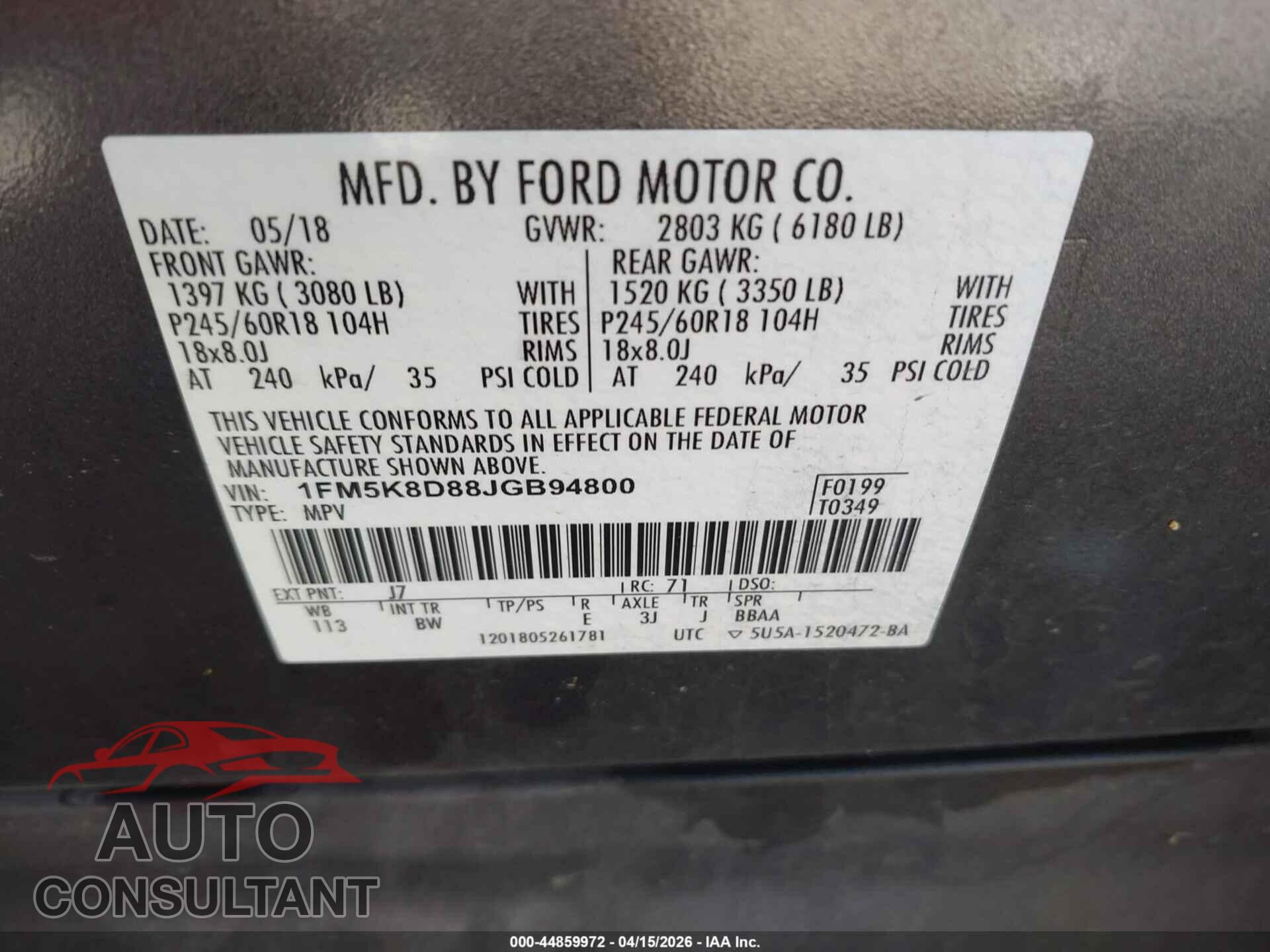 FORD EXPLORER 2018 - 1FM5K8D88JGB94800