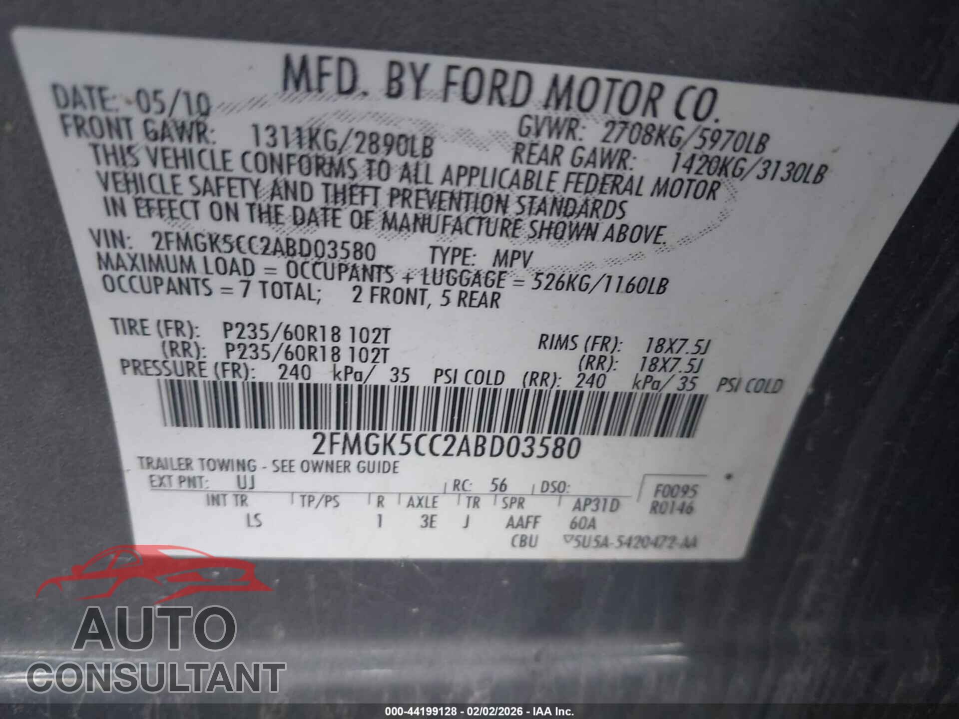 FORD FLEX 2010 - 2FMGK5CC2ABD03580