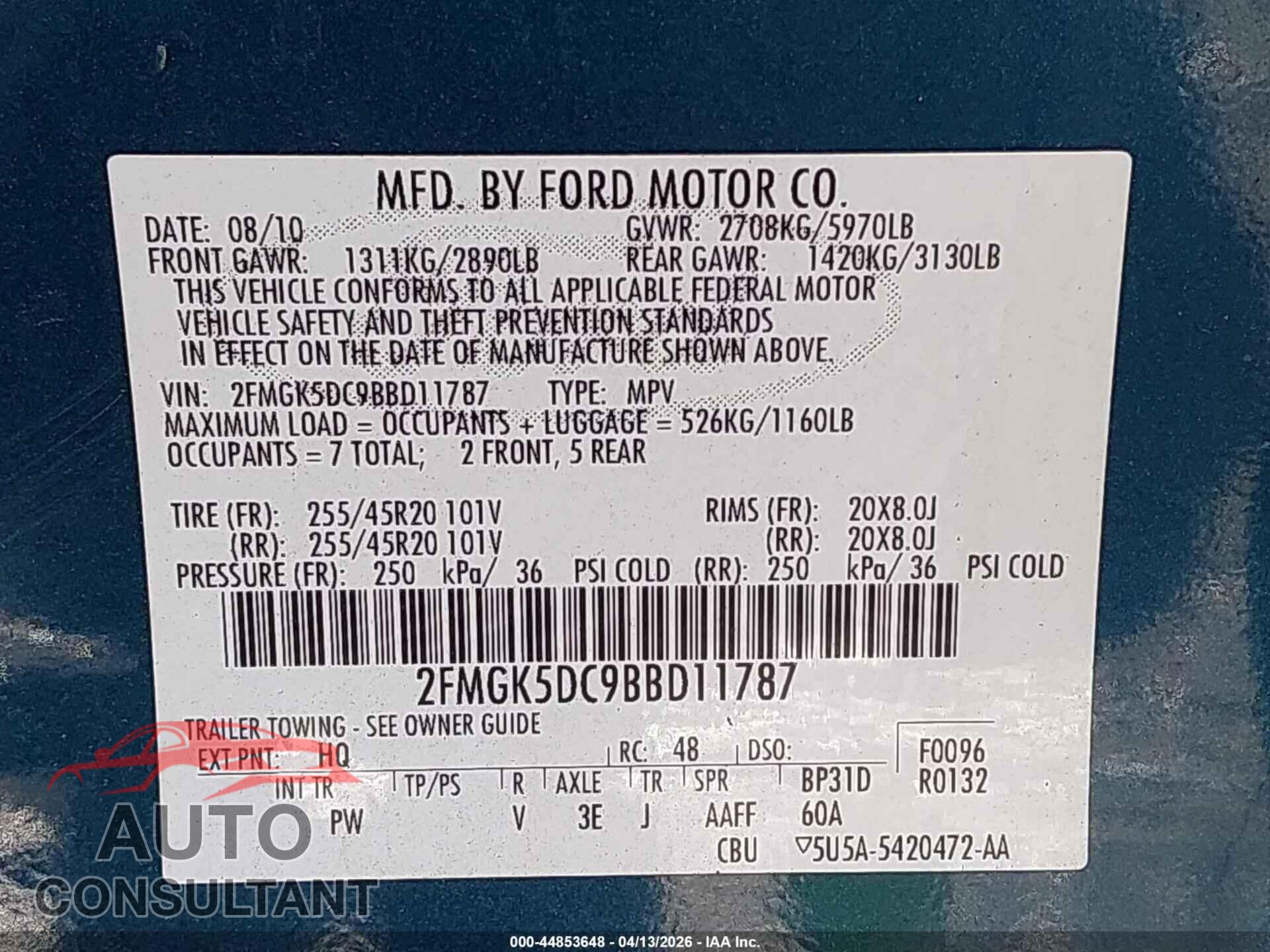 FORD FLEX 2011 - 2FMGK5DC9BBD11787