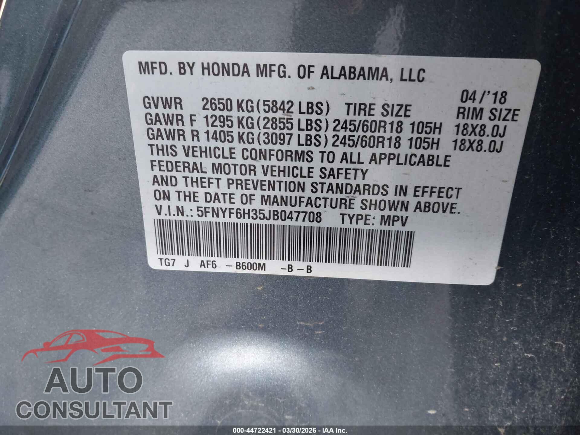 HONDA PILOT 2018 - 5FNYF6H35JB047708