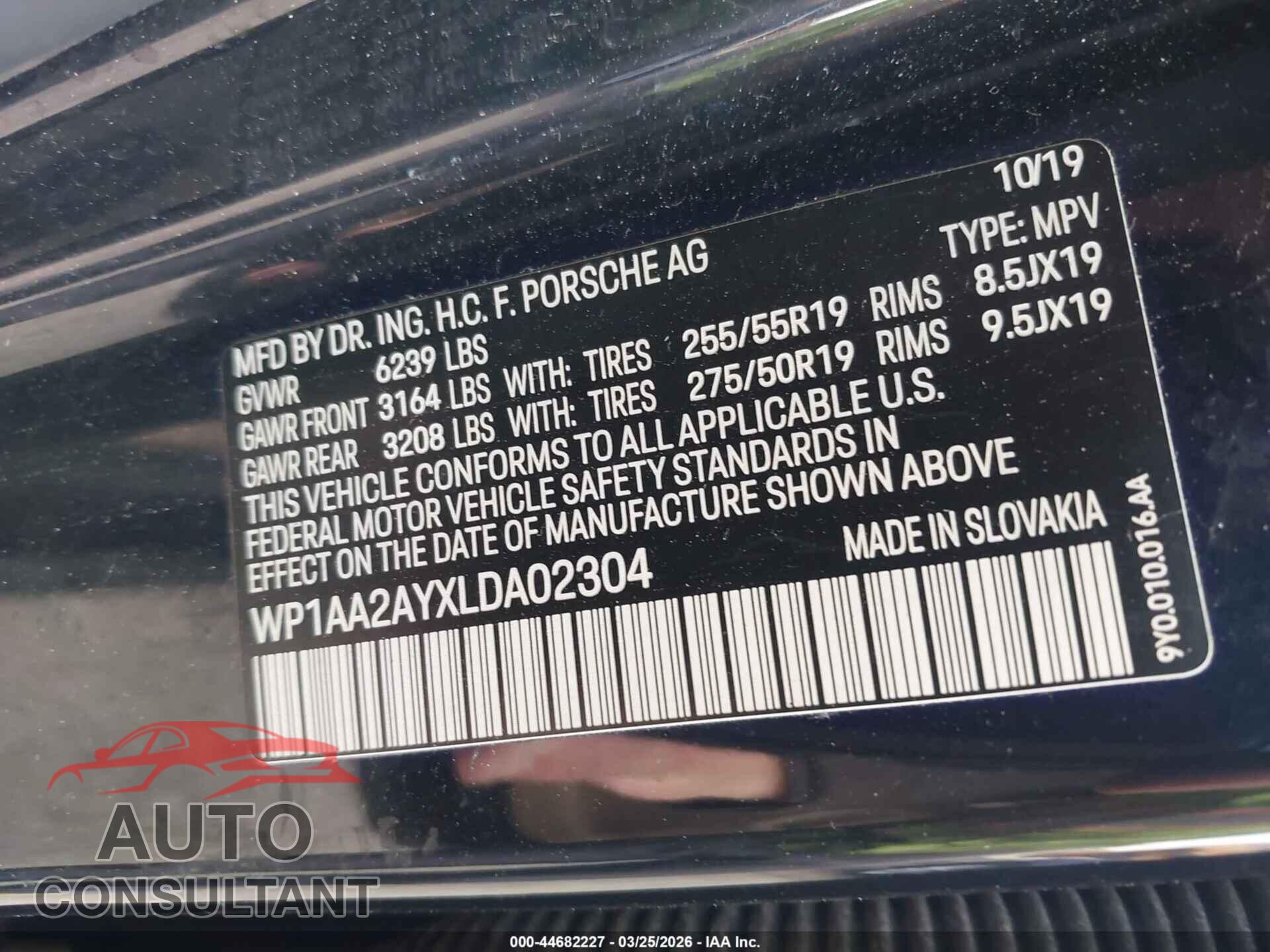 PORSCHE CAYENNE 2020 - WP1AA2AYXLDA02304