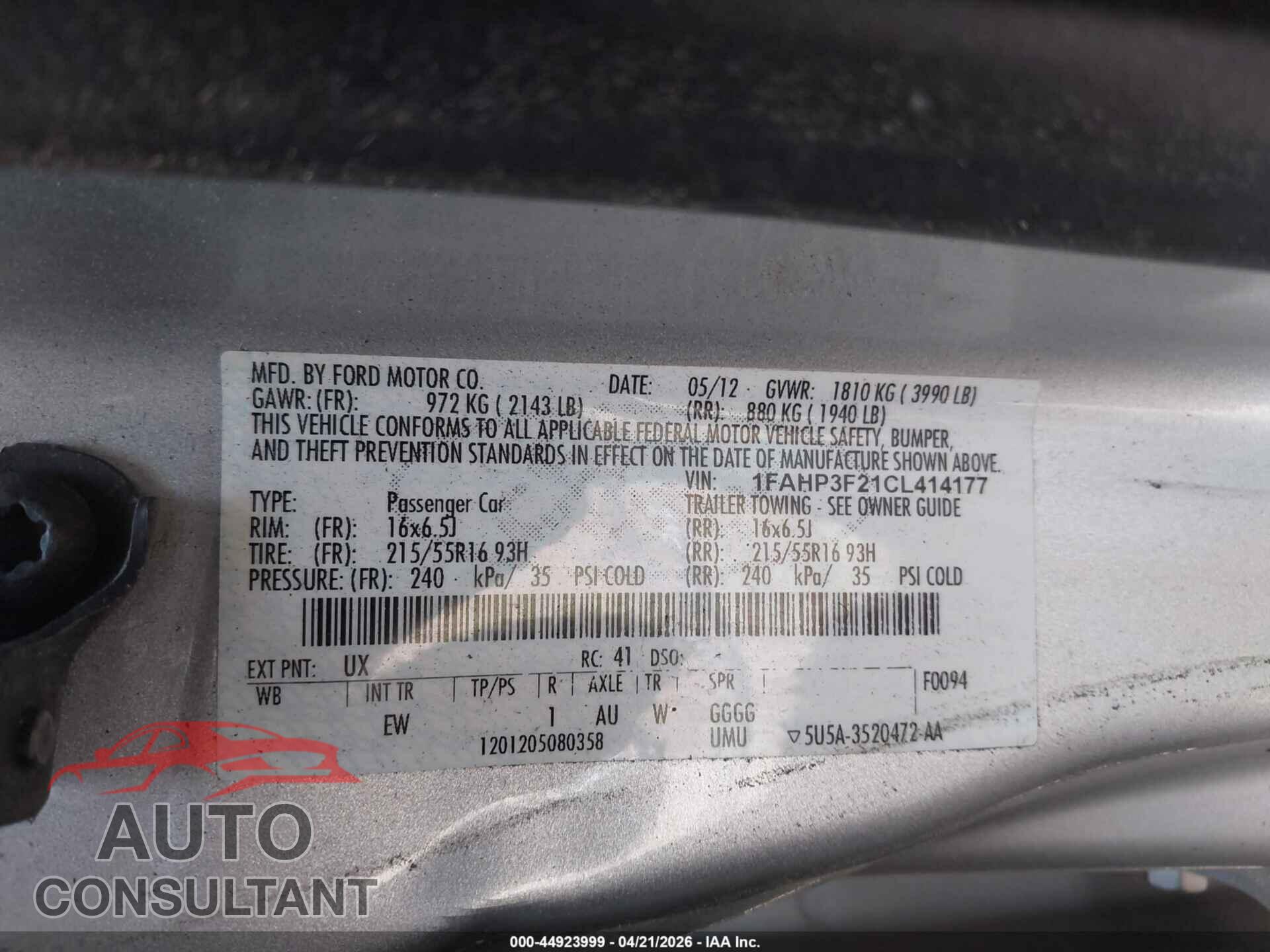 FORD FOCUS 2012 - 1FAHP3F21CL414177