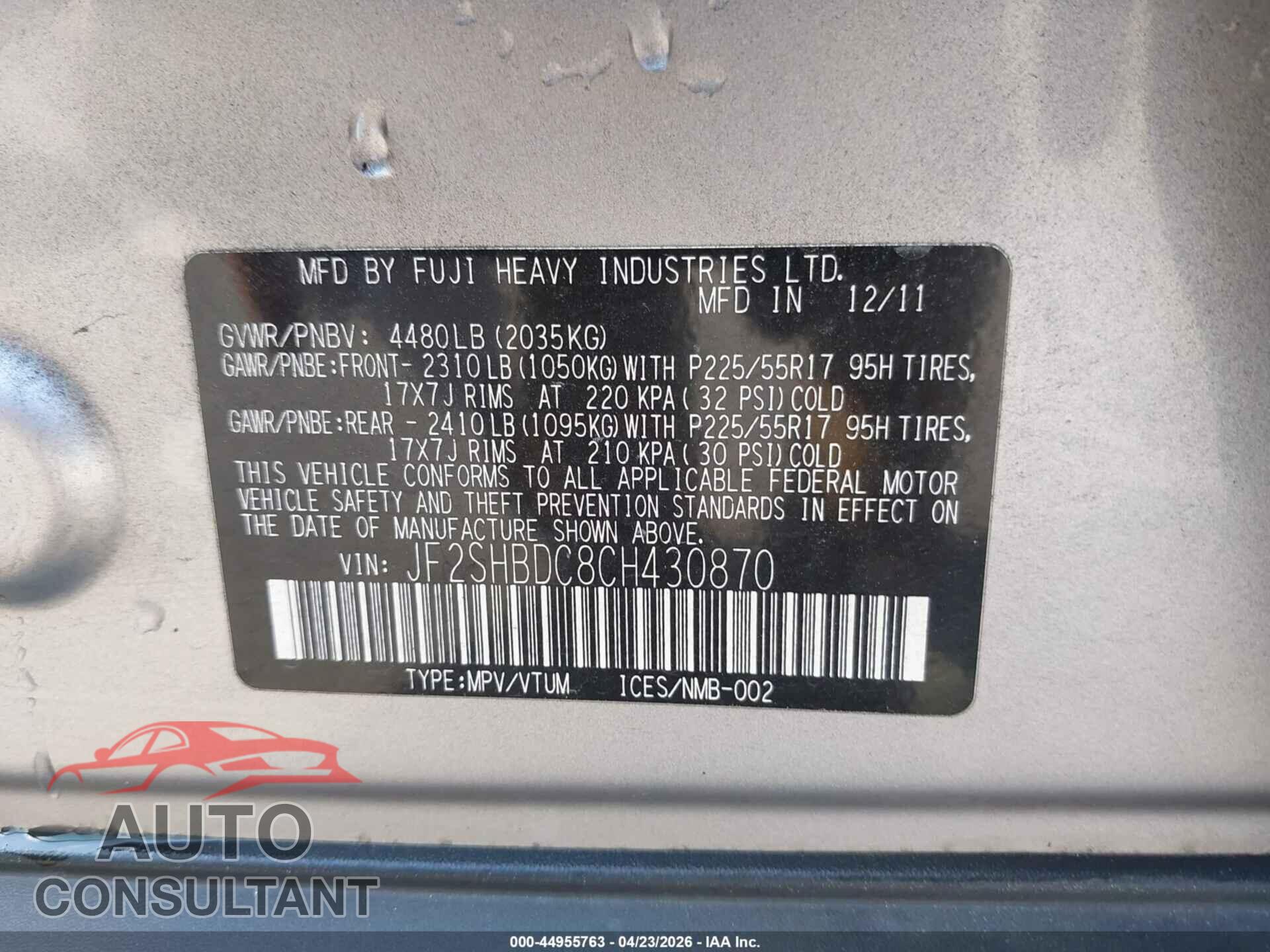 SUBARU FORESTER 2012 - JF2SHBDC8CH430870
