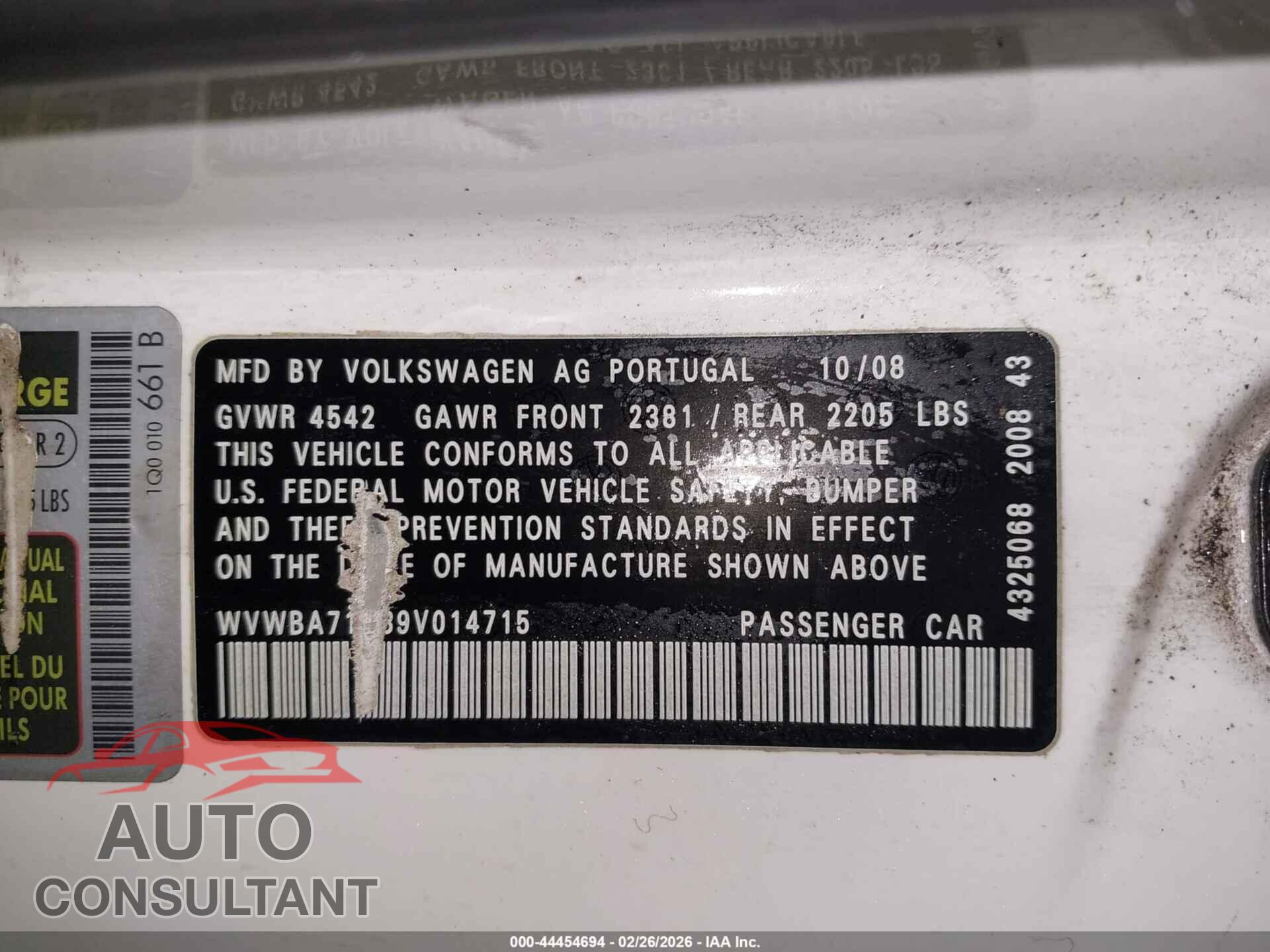 VOLKSWAGEN EOS 2009 - WVWBA71F89V014715
