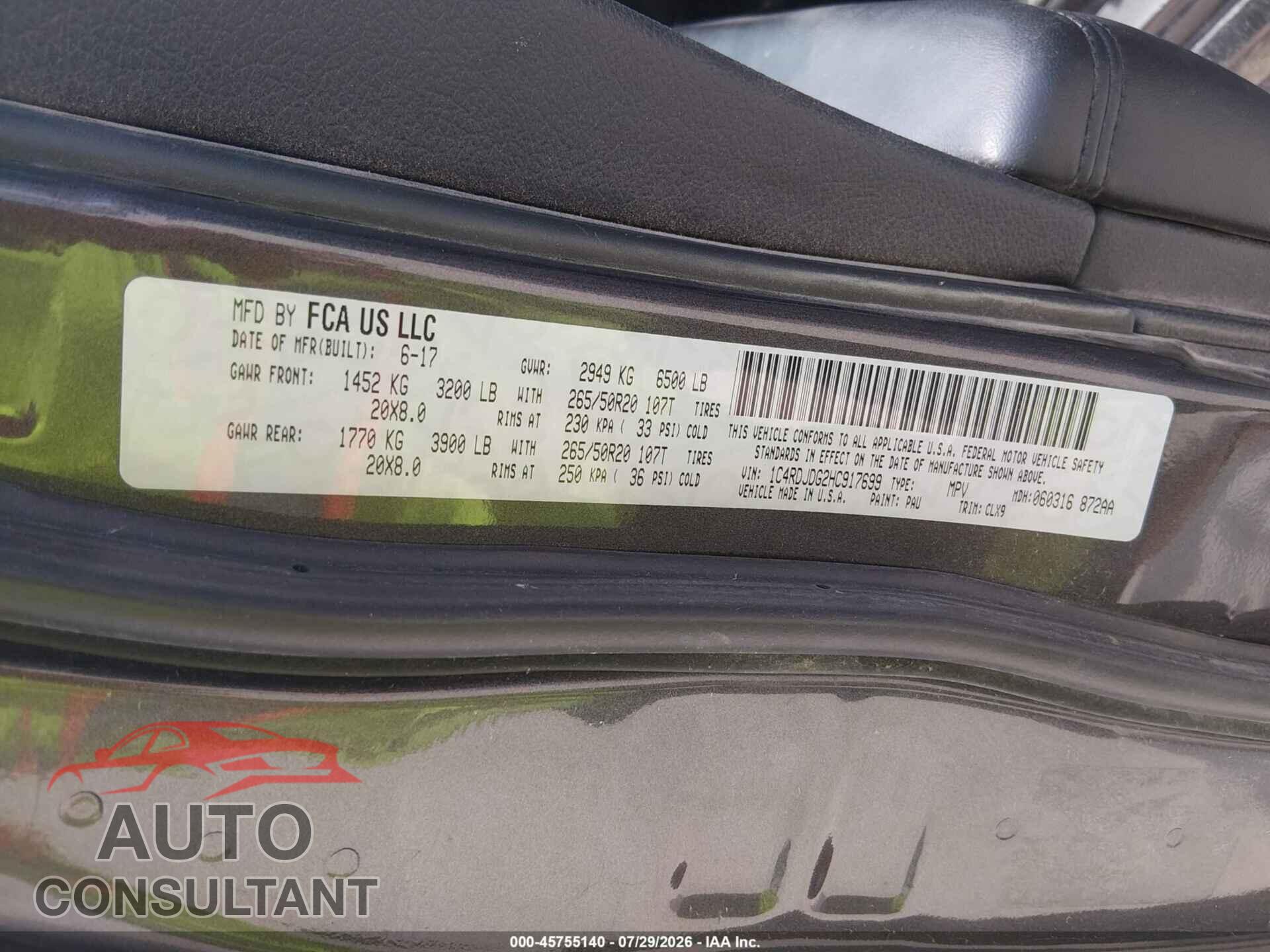 DODGE DURANGO 2017 - 1C4RDJDG2HC917699