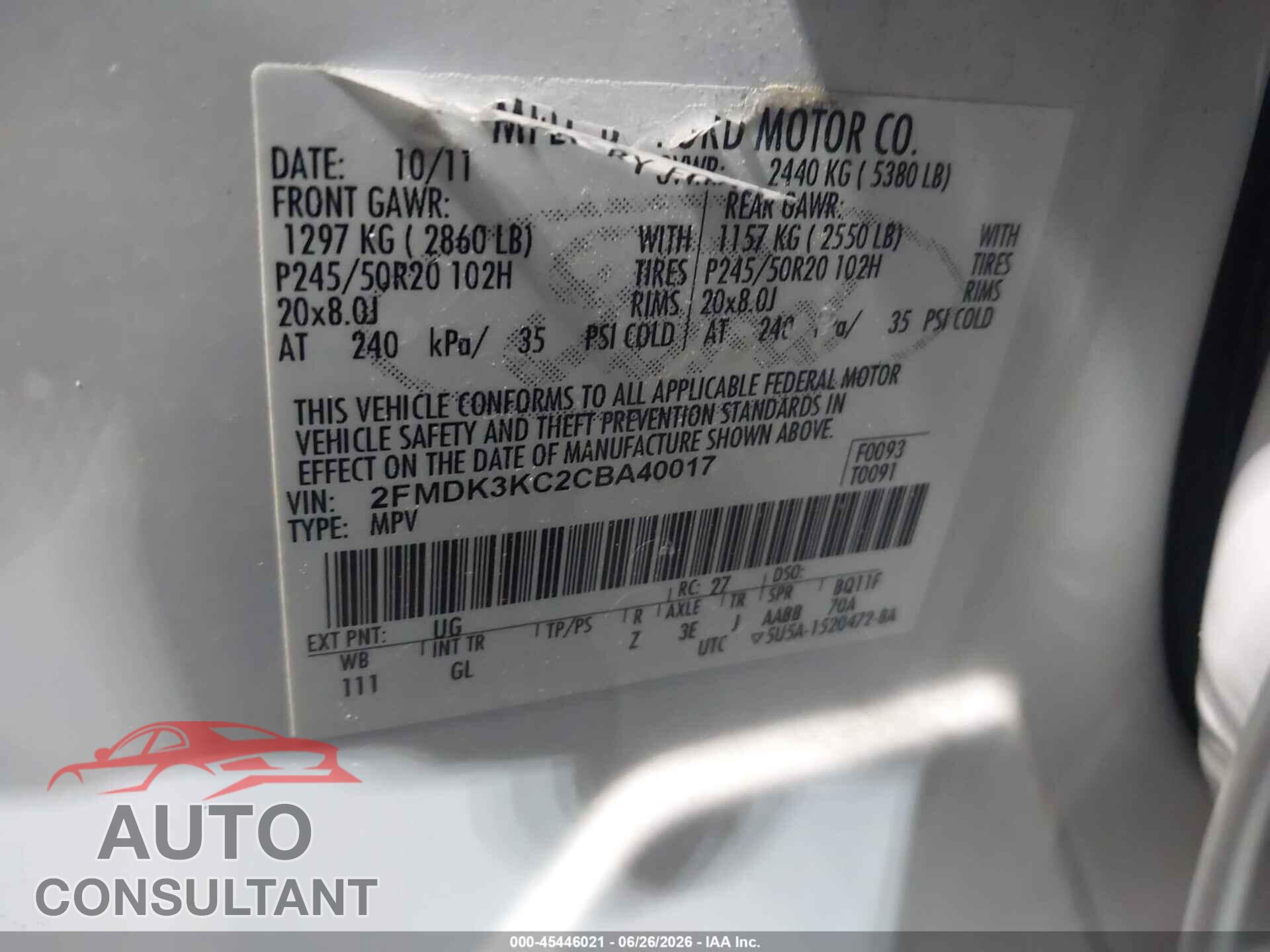 FORD EDGE 2012 - 2FMDK3KC2CBA40017