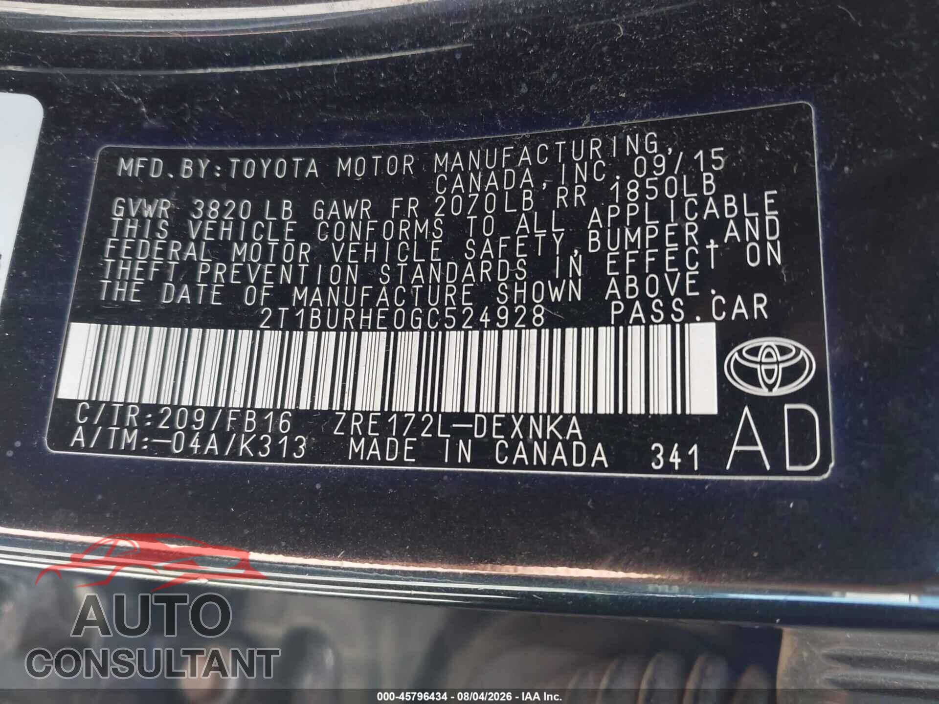 TOYOTA COROLLA 2016 - 2T1BURHE0GC524928