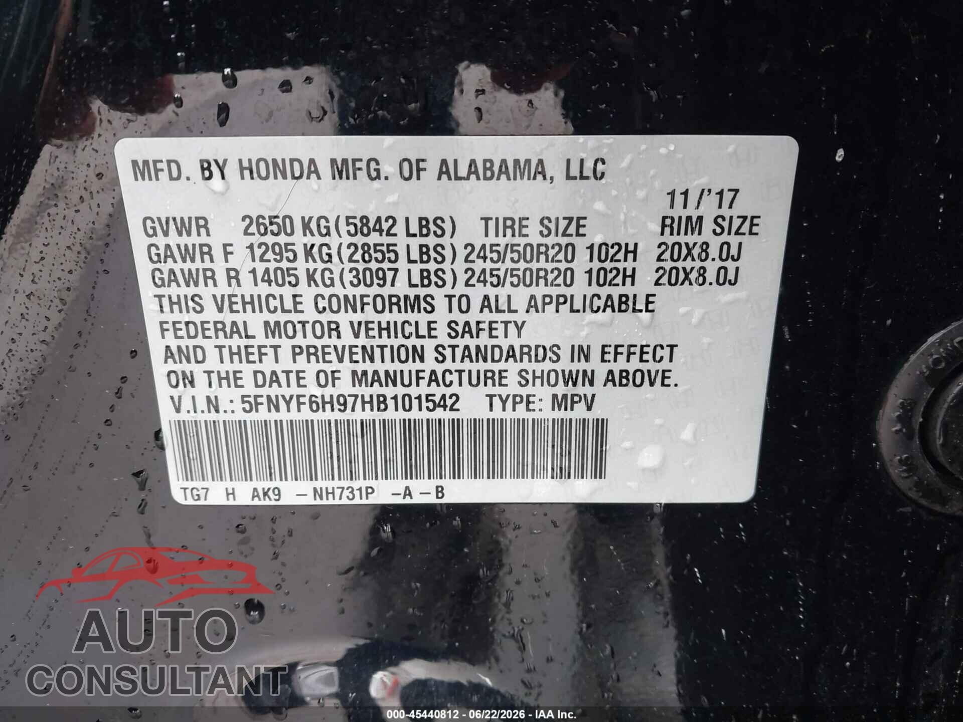 HONDA PILOT 2017 - 5FNYF6H97HB101542