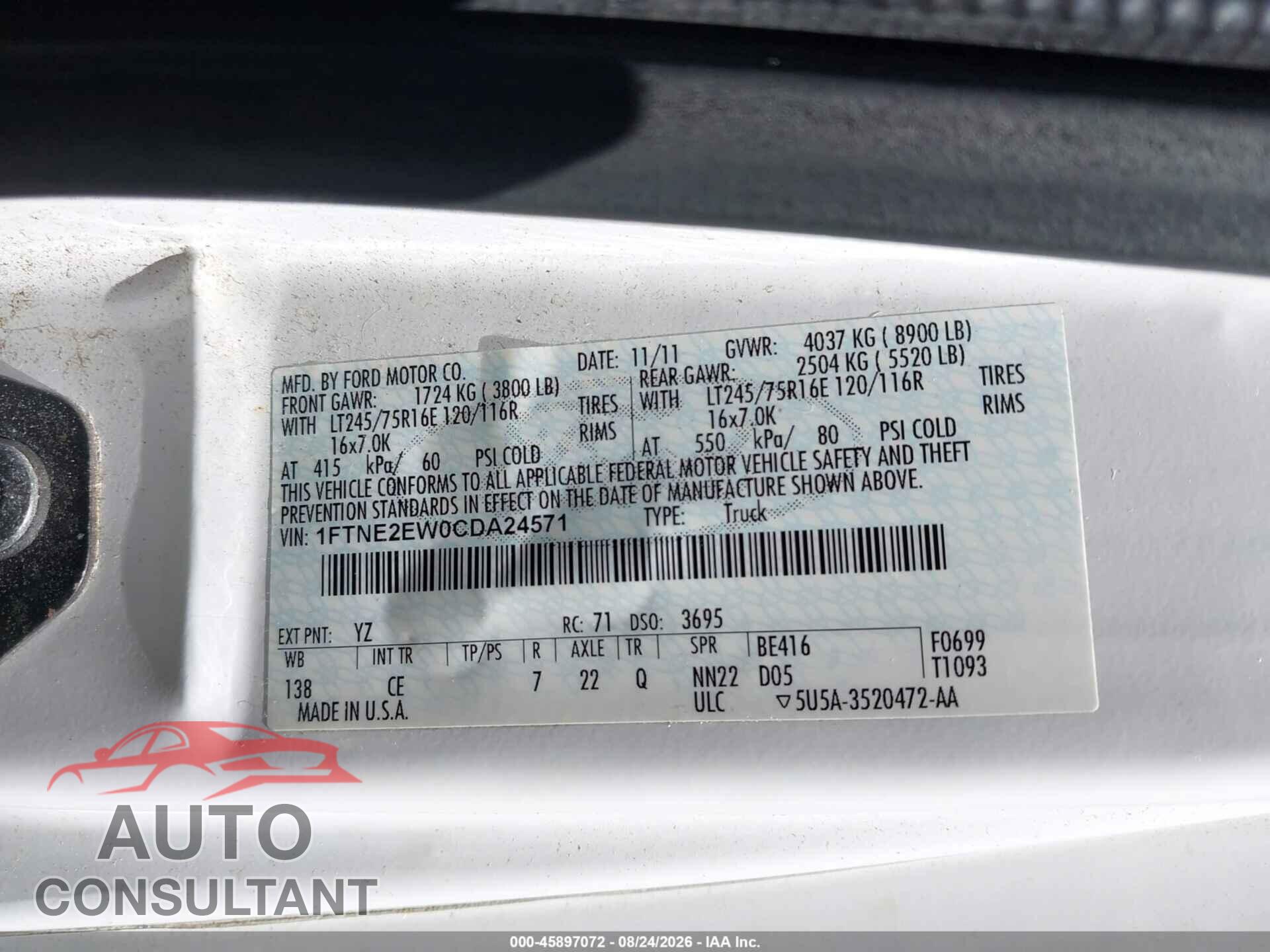 FORD E-250 2012 - 1FTNE2EW0CDA24571