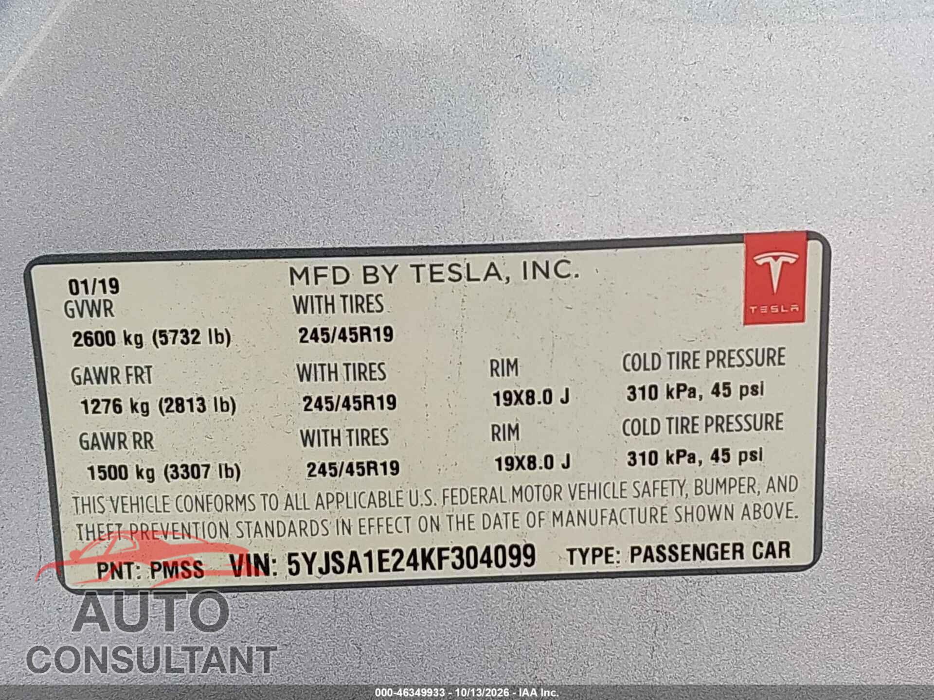 TESLA MODEL S 2019 - 5YJSA1E24KF304099