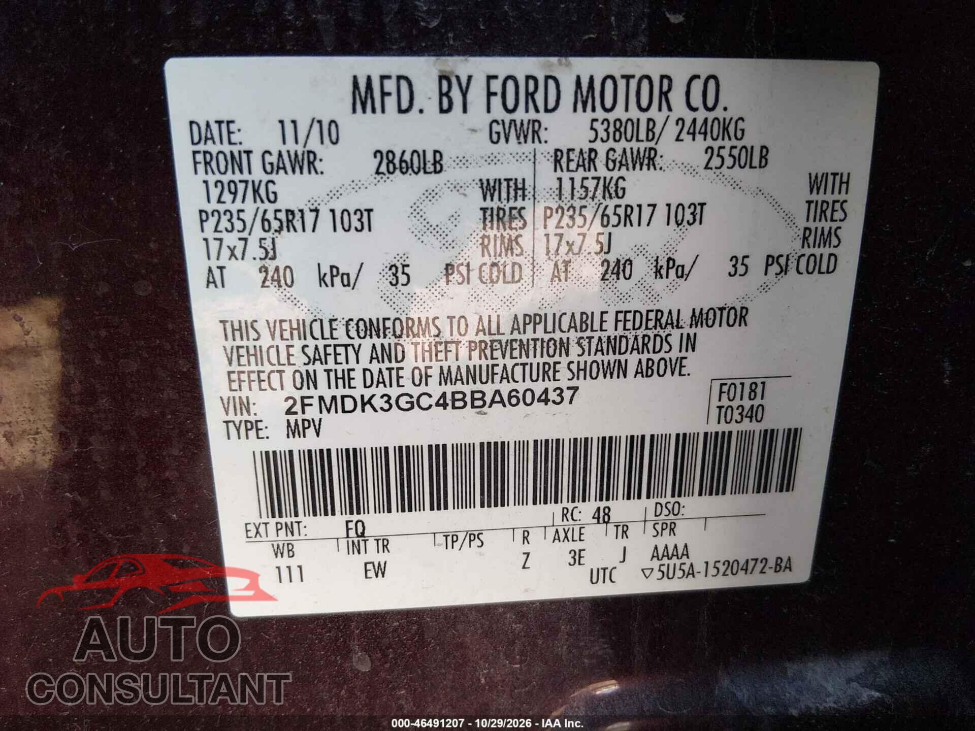 FORD EDGE 2011 - 2FMDK3GC4BBA60437