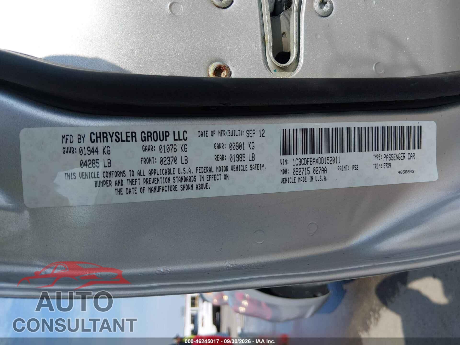 DODGE DART 2013 - 1C3CDFBAXDD152011
