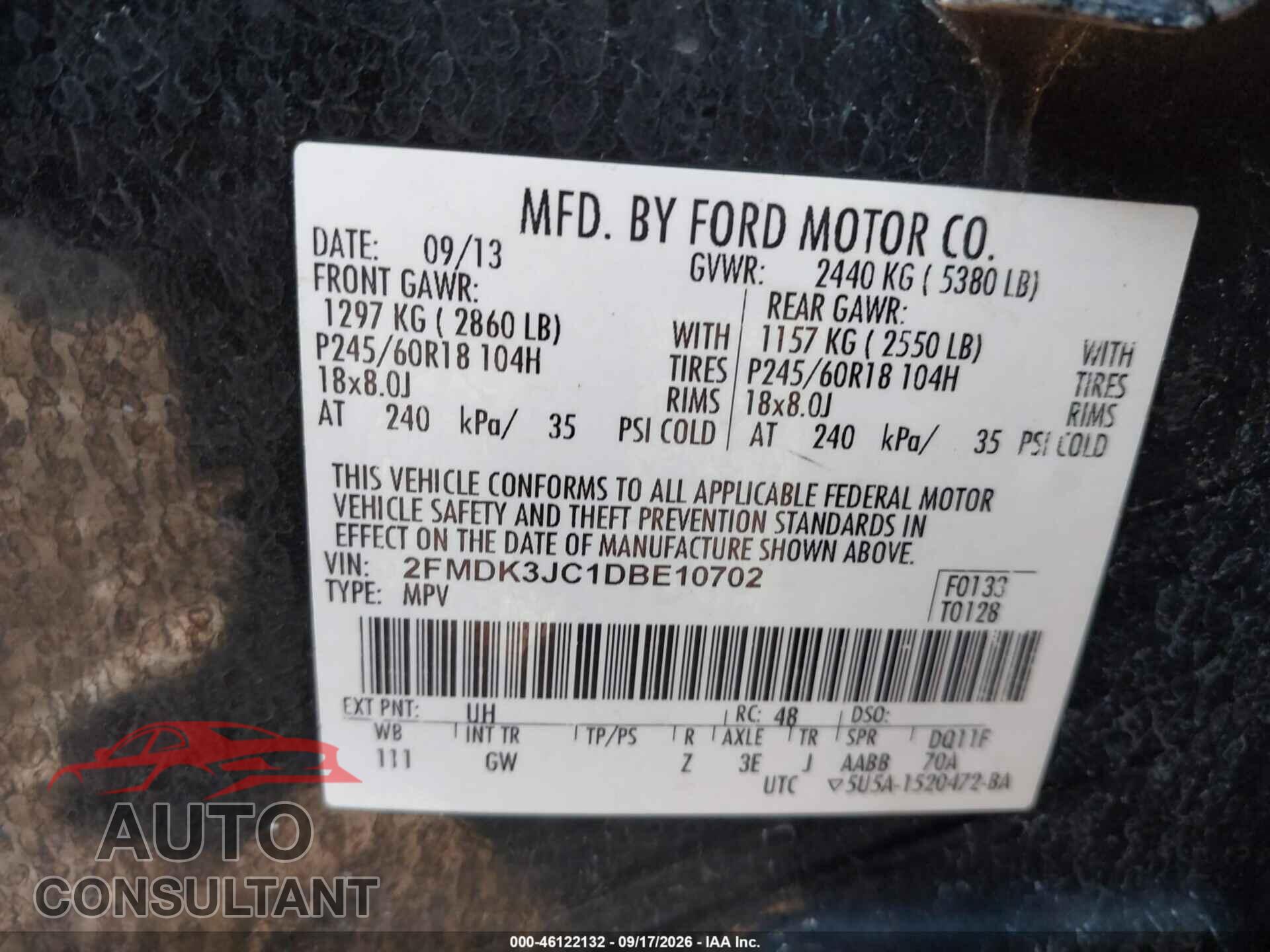 FORD EDGE 2013 - 2FMDK3JC1DBE10702