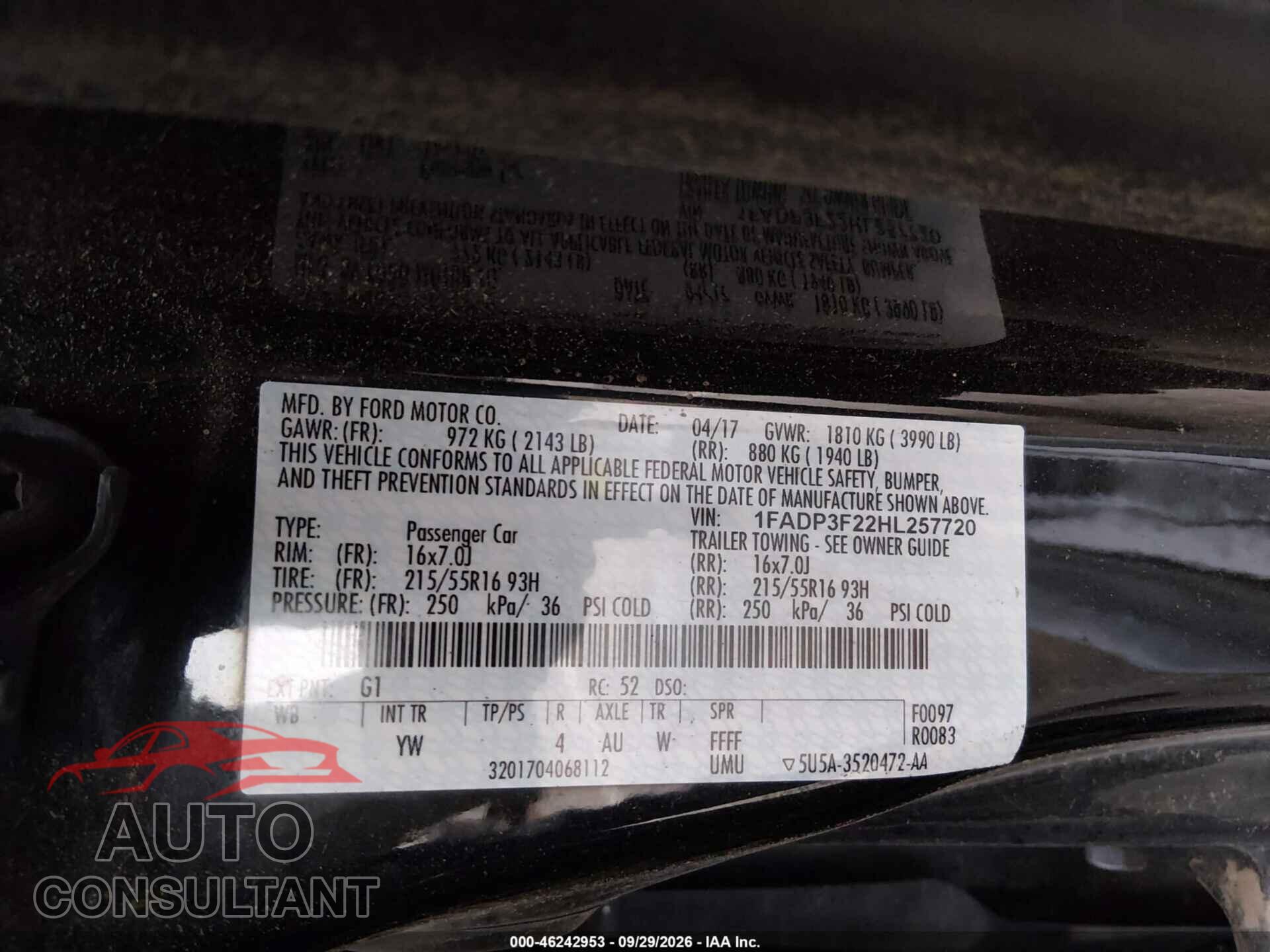 FORD FOCUS 2017 - 1FADP3F22HL257720