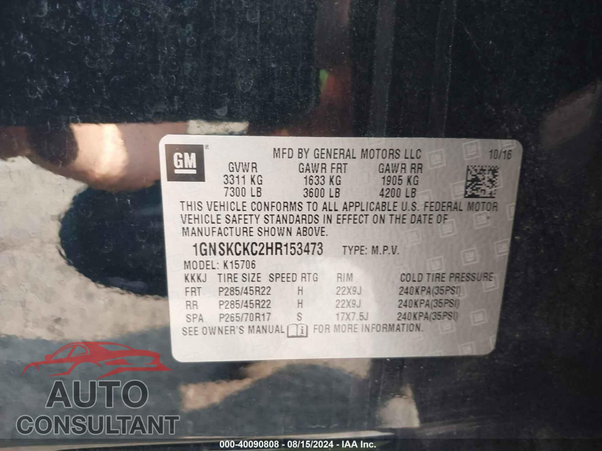 CHEVROLET TAHOE 2017 - 1GNSKCKC2HR153473