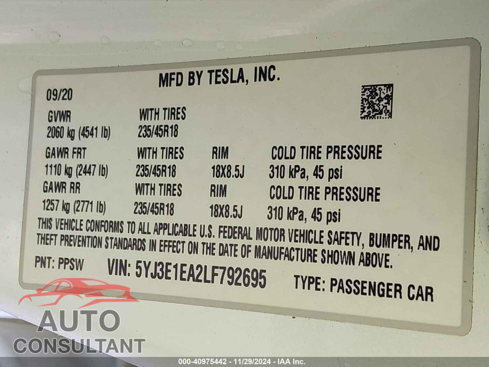 TESLA MODEL 3 2020 - 5YJ3E1EA2LF792695