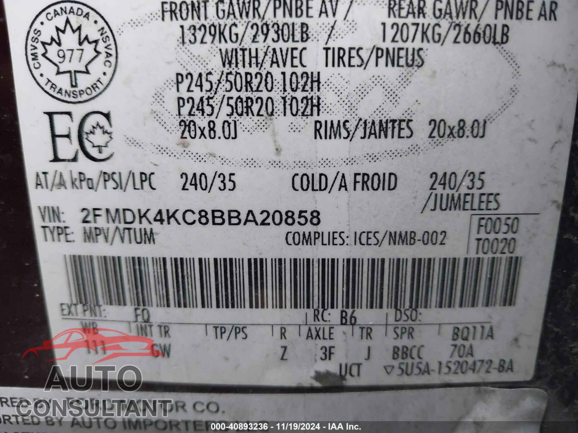 FORD EDGE 2011 - 2FMDK4KC8BBA20858