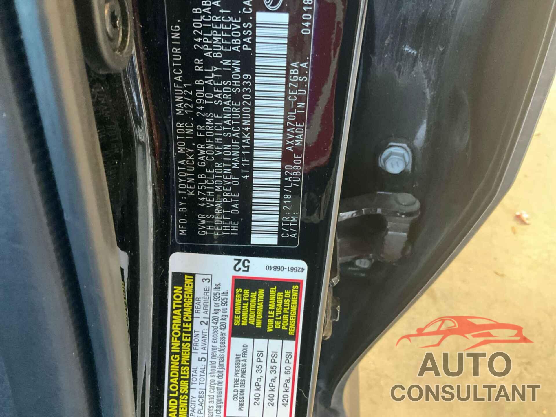 TOYOTA CAMRY 2022 - 4T1F11AK4NU020339