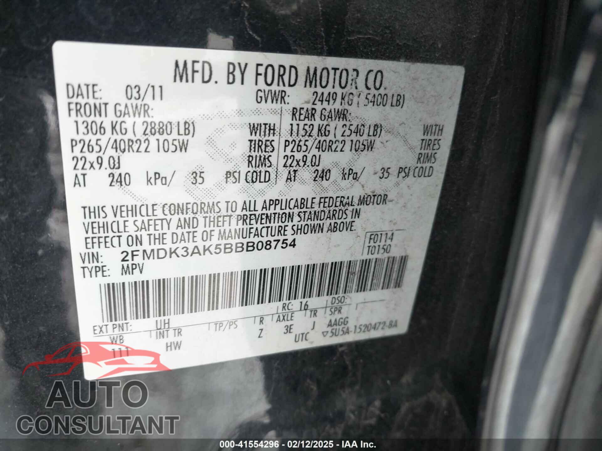 FORD EDGE 2011 - 2FMDK3AK5BBB08754