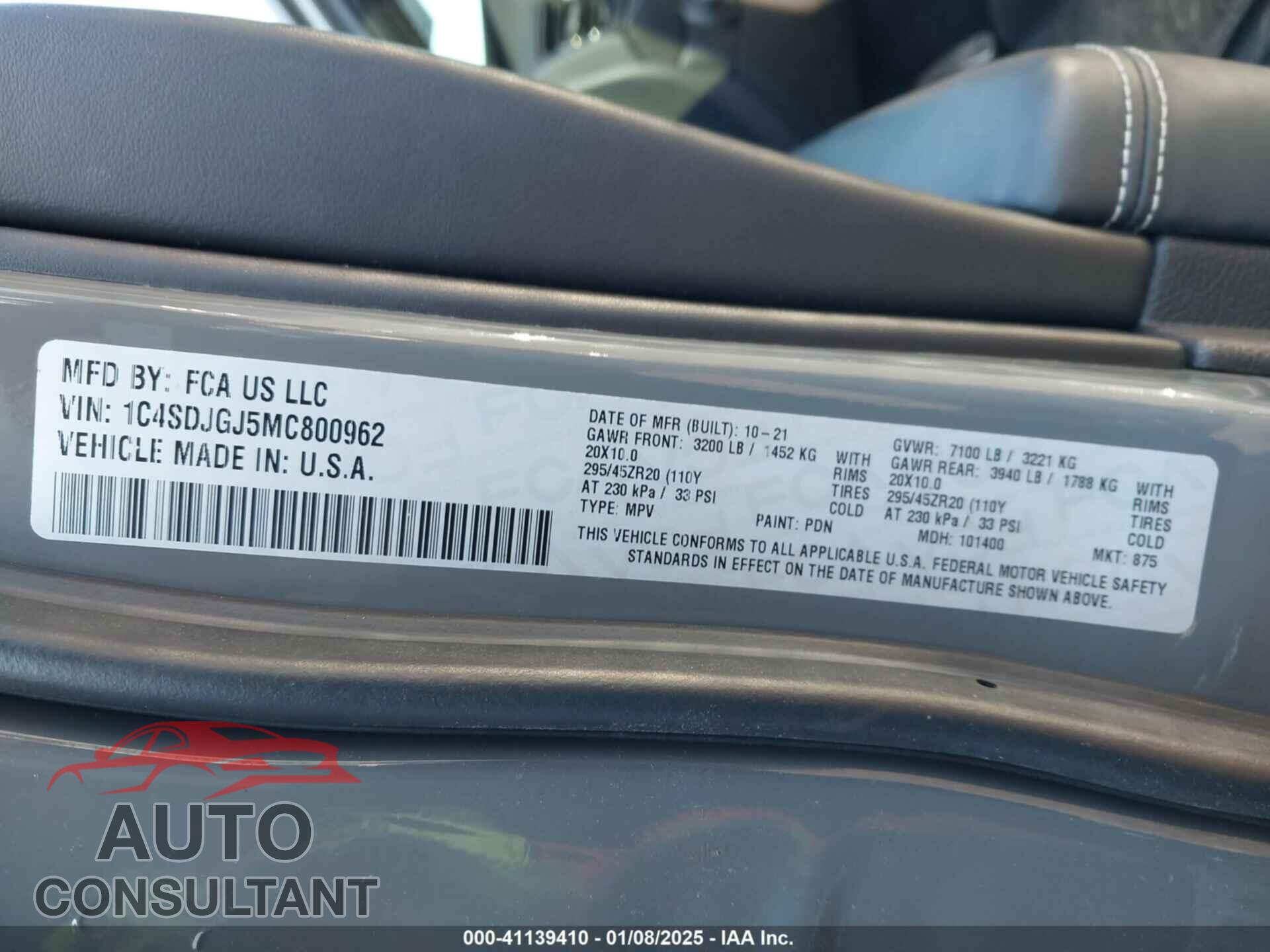DODGE DURANGO 2021 - 1C4SDJGJ5MC800962