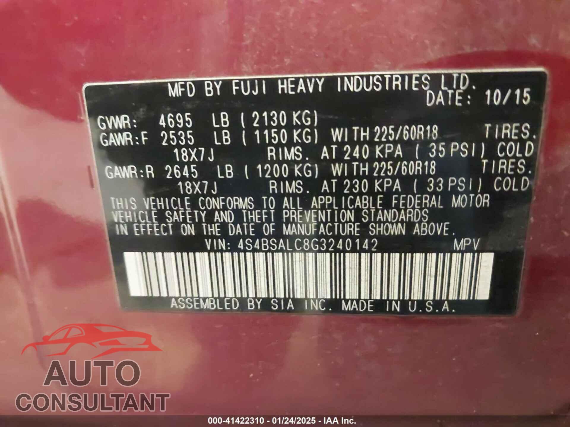 SUBARU OUTBACK 2016 - 4S4BSALC8G3240142