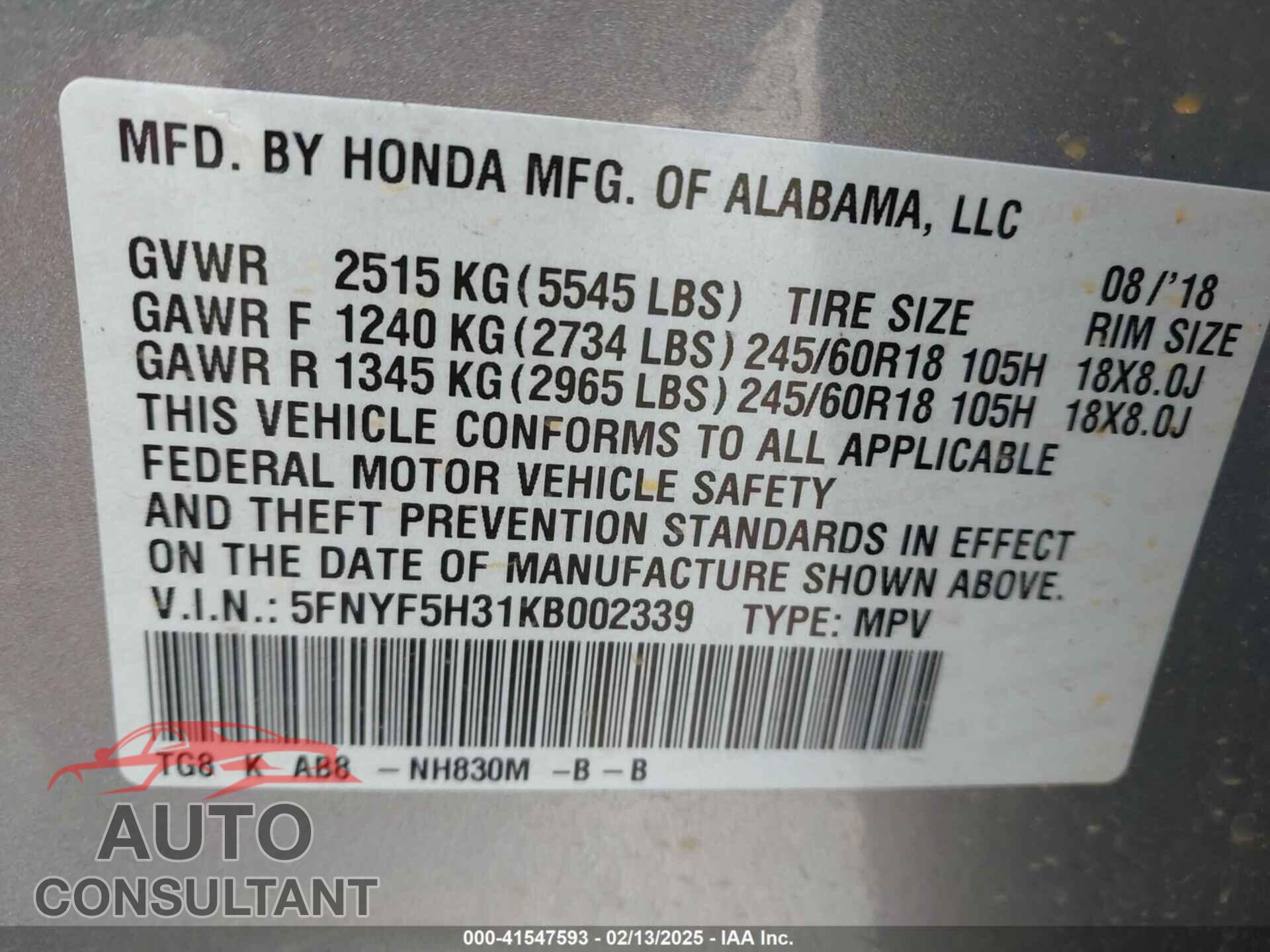 HONDA PILOT 2019 - 5FNYF5H31KB002339