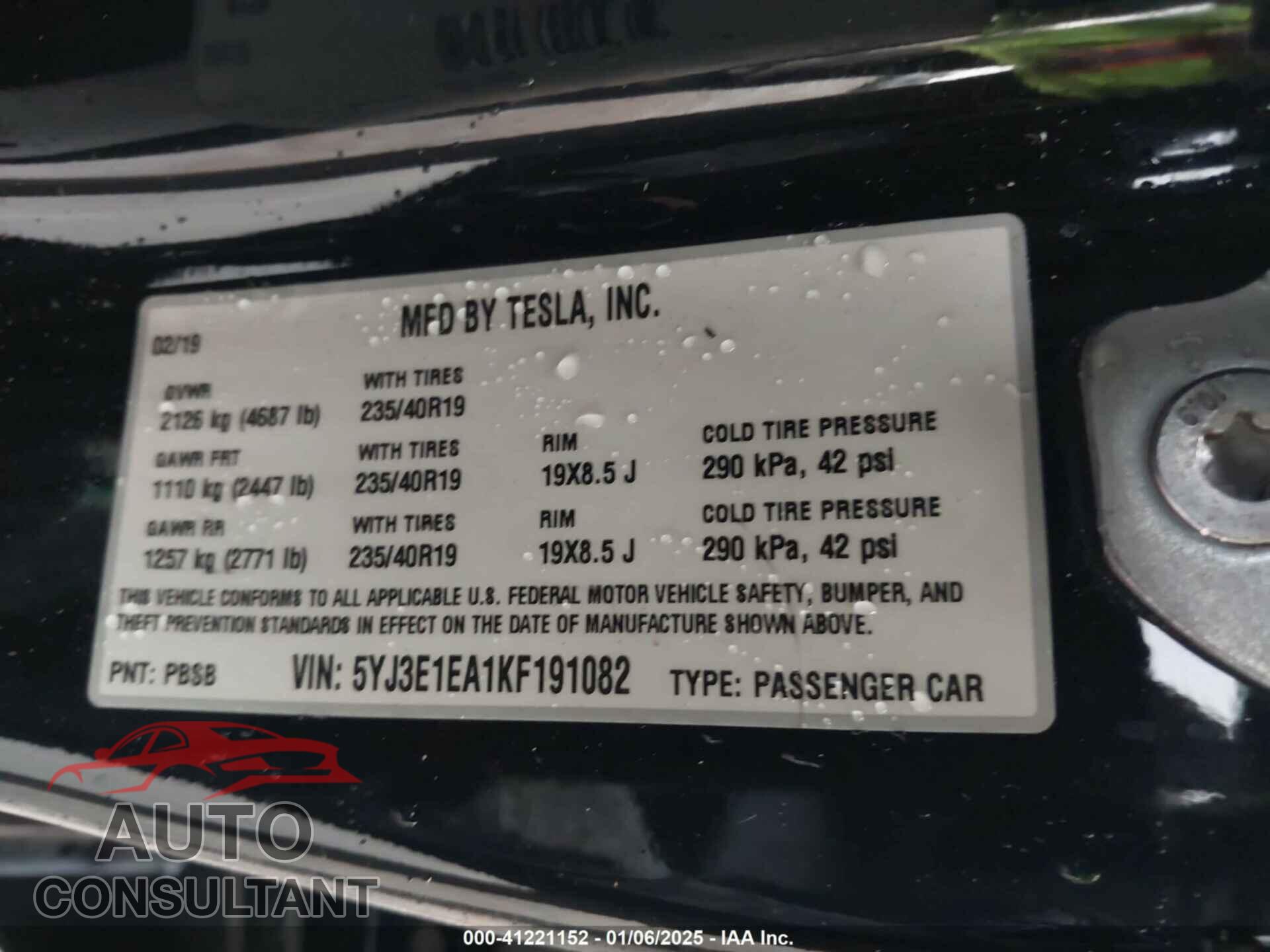 TESLA MODEL 3 2019 - 5YJ3E1EA1KF191082