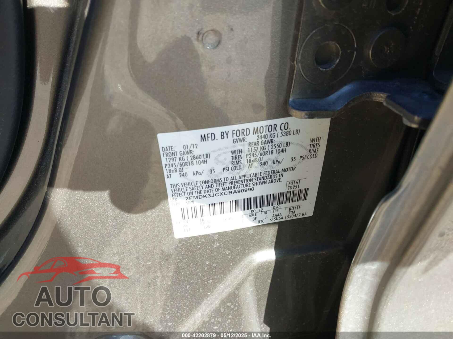 FORD EDGE 2012 - 2FMDK3JCXCBA90990