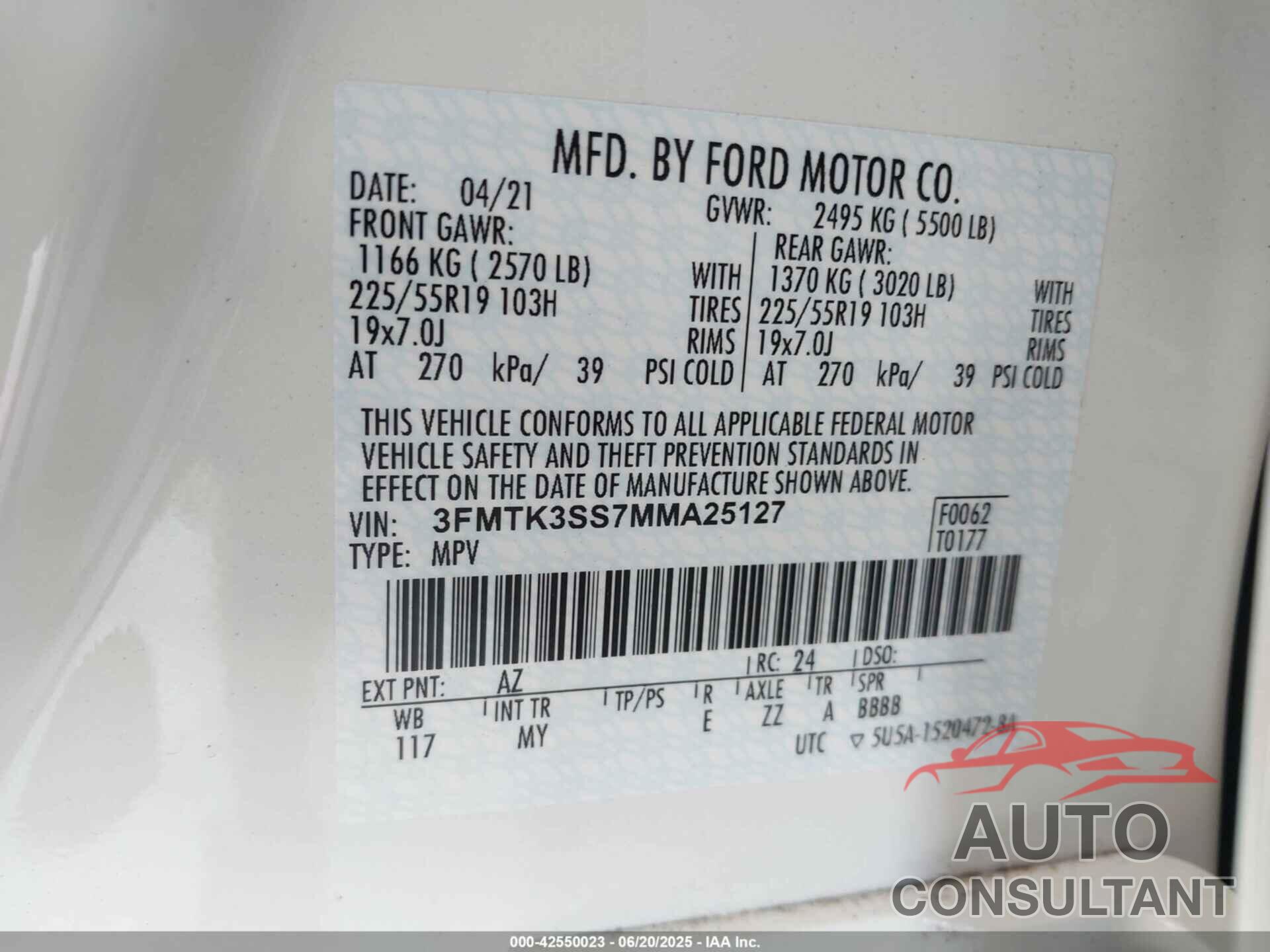 FORD MUSTANG MACH-E 2021 - 3FMTK3SS7MMA25127