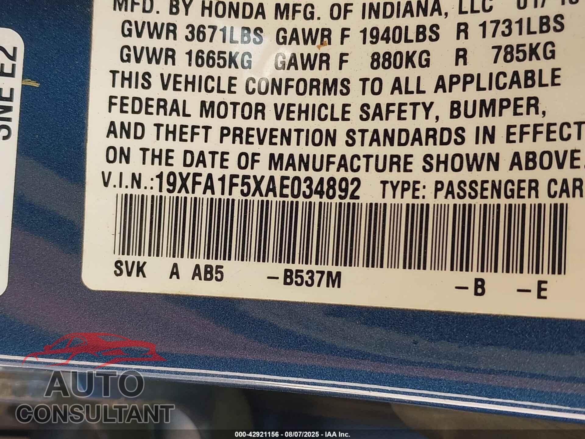 HONDA CIVIC 2010 - 19XFA1F5XAE034892
