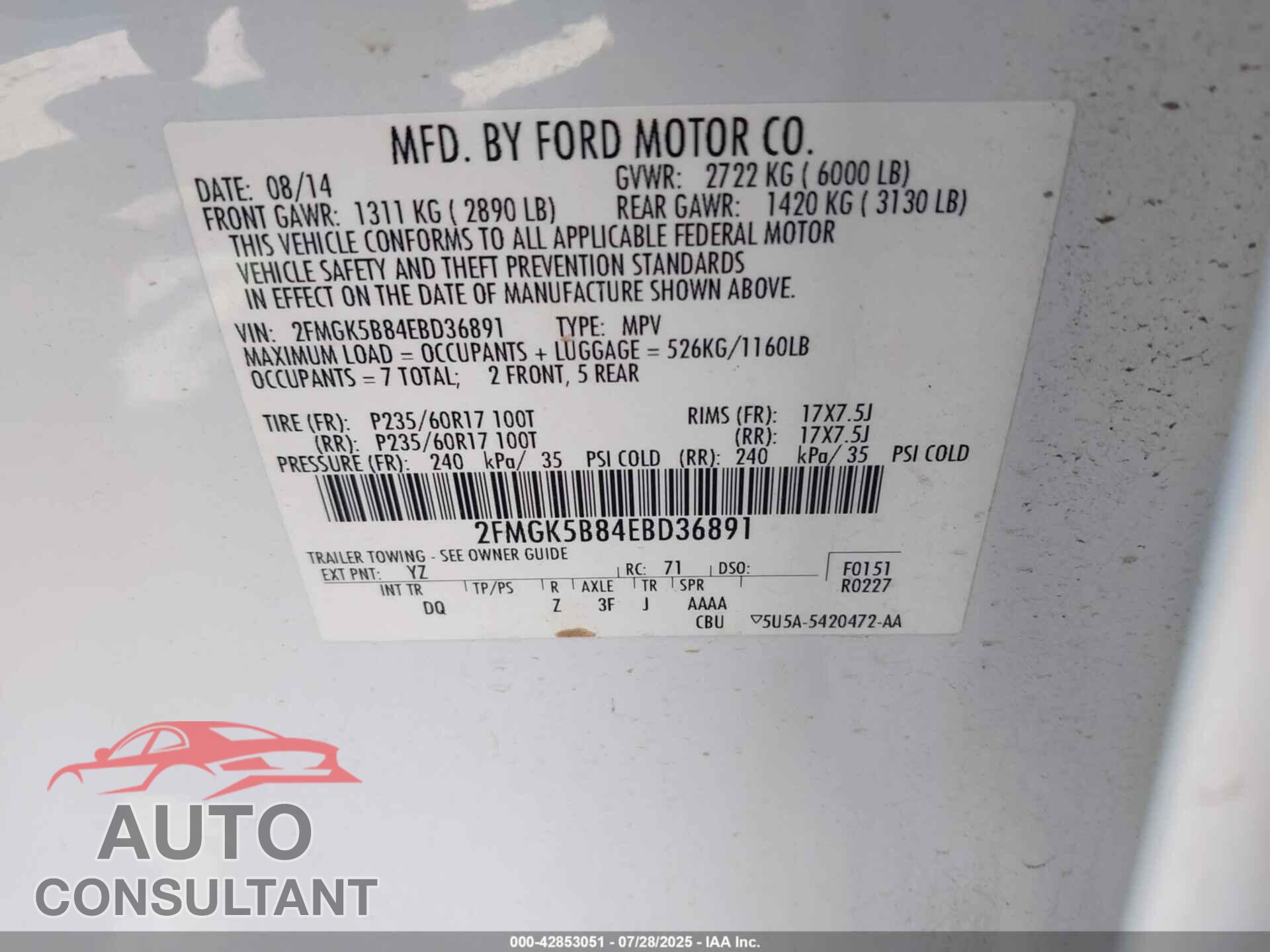FORD FLEX 2014 - 2FMGK5B84EBD36891