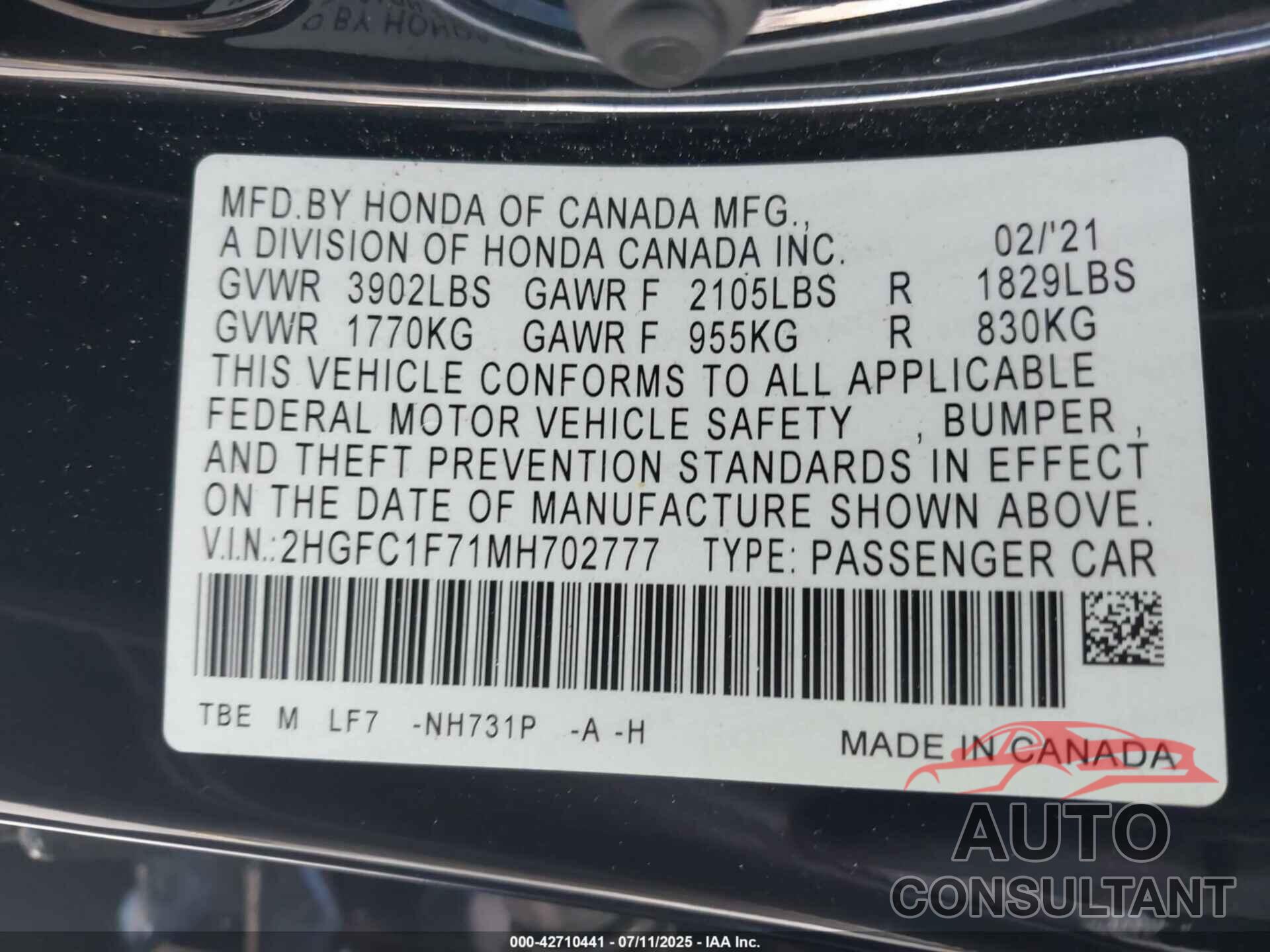HONDA CIVIC 2021 - 2HGFC1F71MH702777