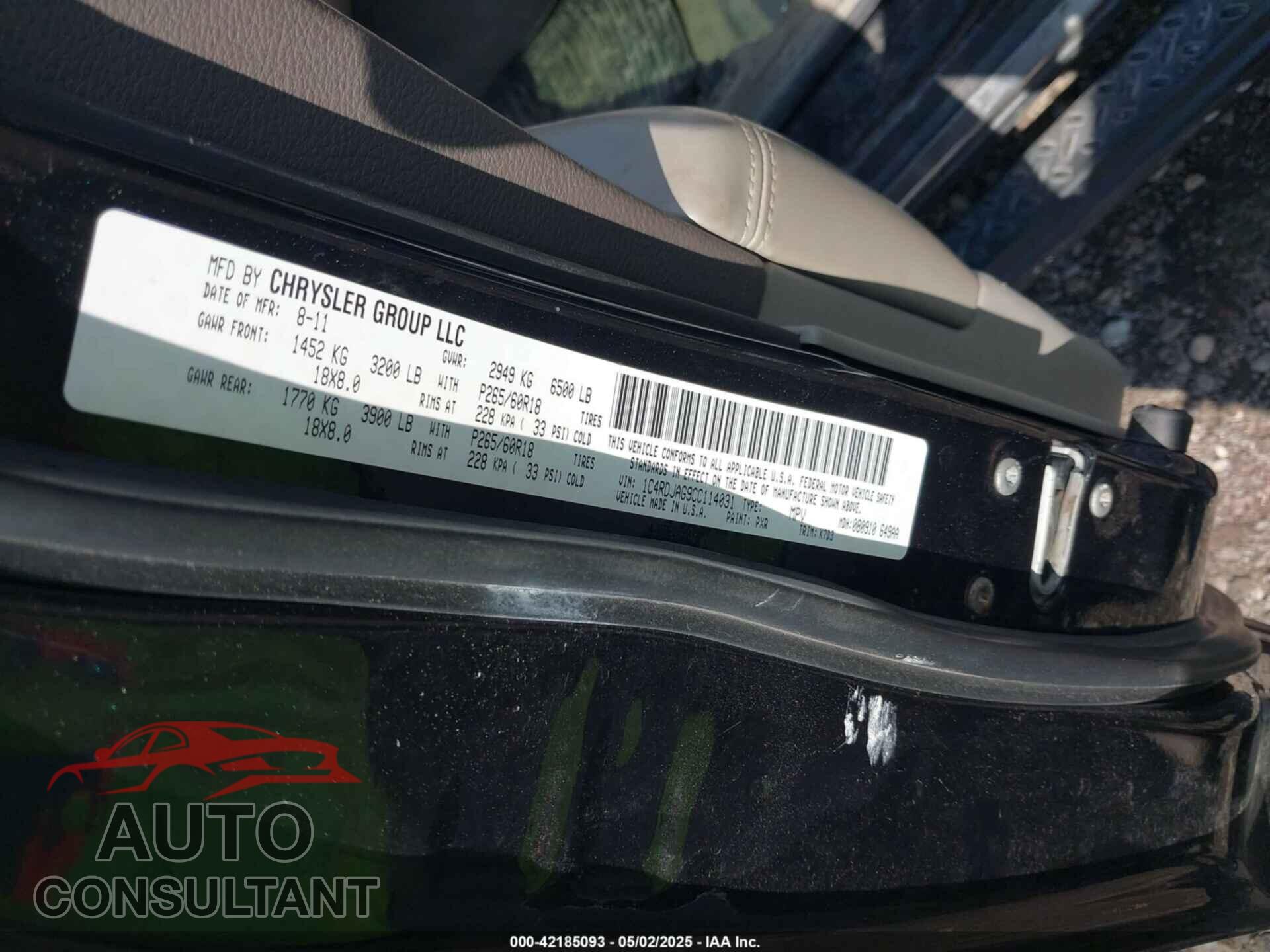 DODGE DURANGO 2012 - 1C4RDJAG9CC114031