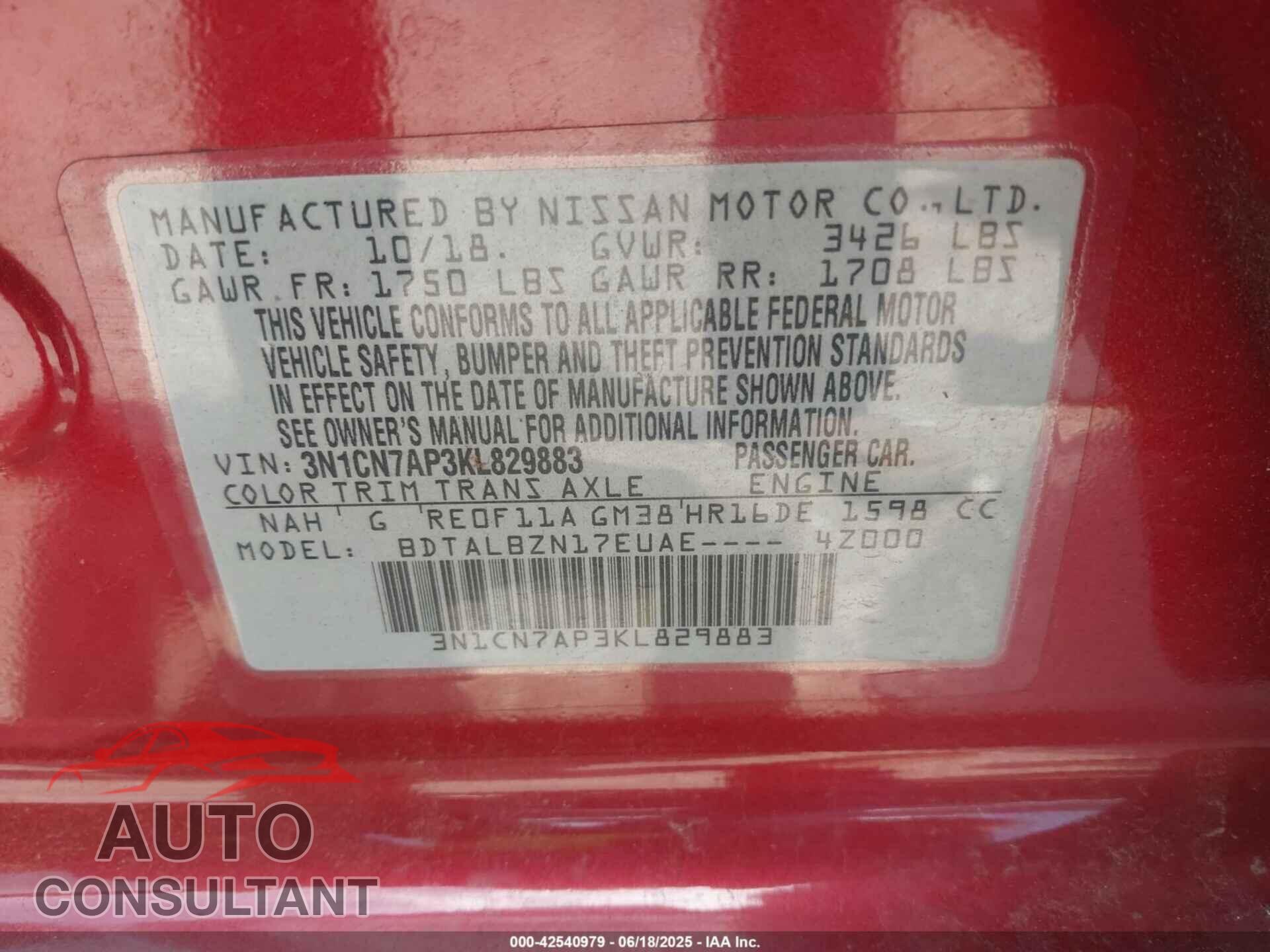 NISSAN VERSA 2019 - 3N1CN7AP3KL829883