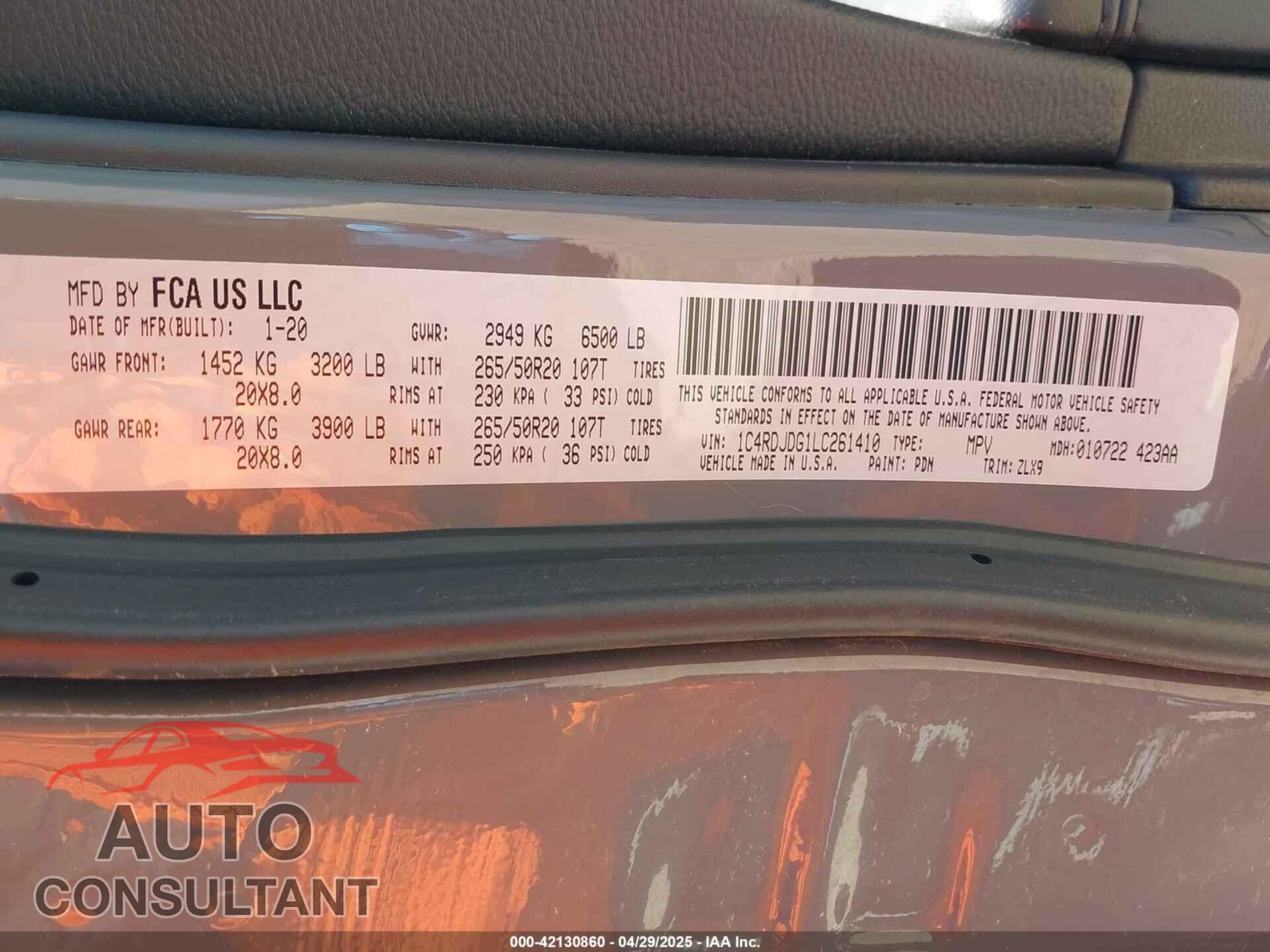 DODGE DURANGO 2020 - 1C4RDJDG1LC261410