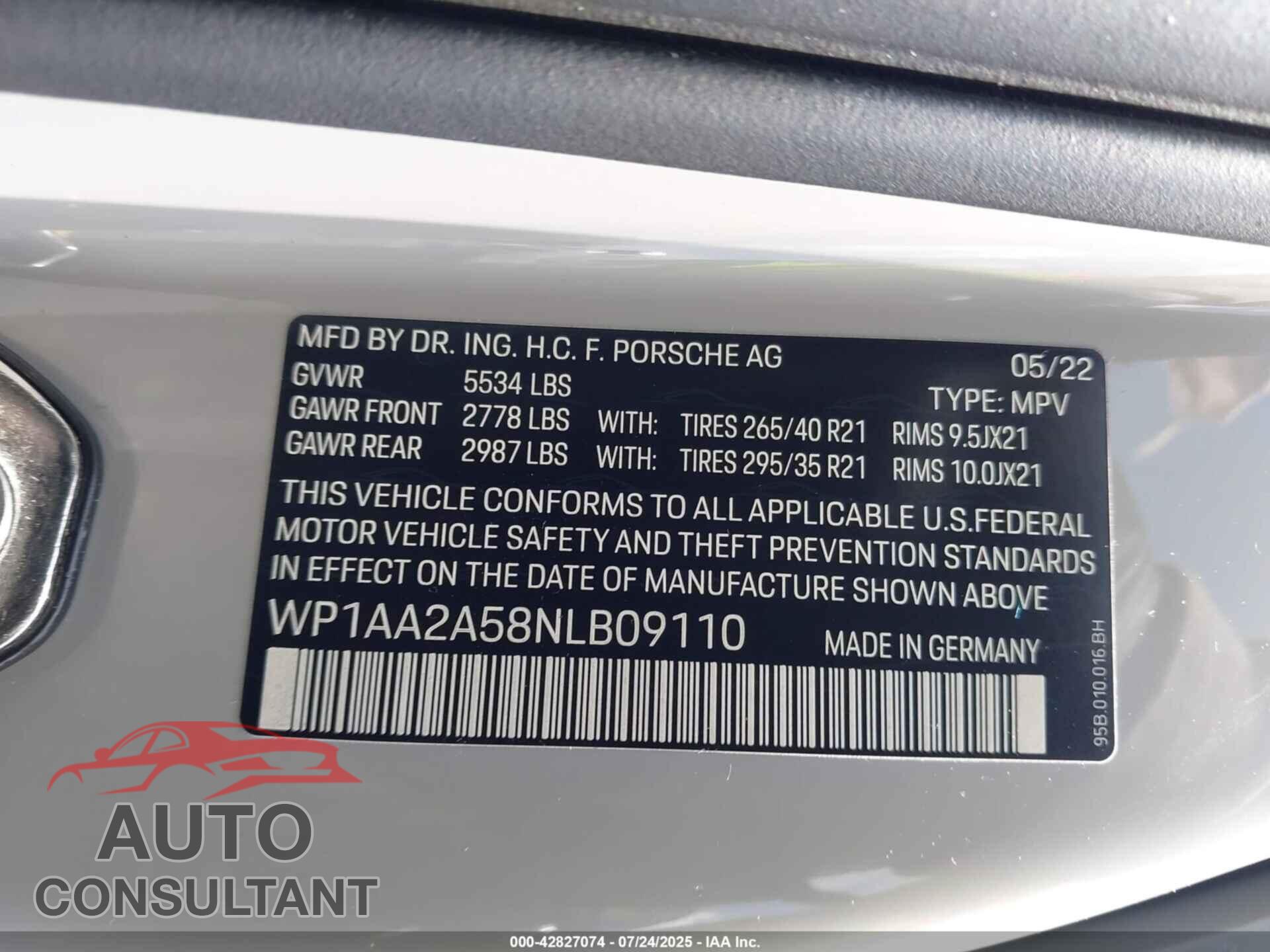 PORSCHE MACAN 2022 - WP1AA2A58NLB09110