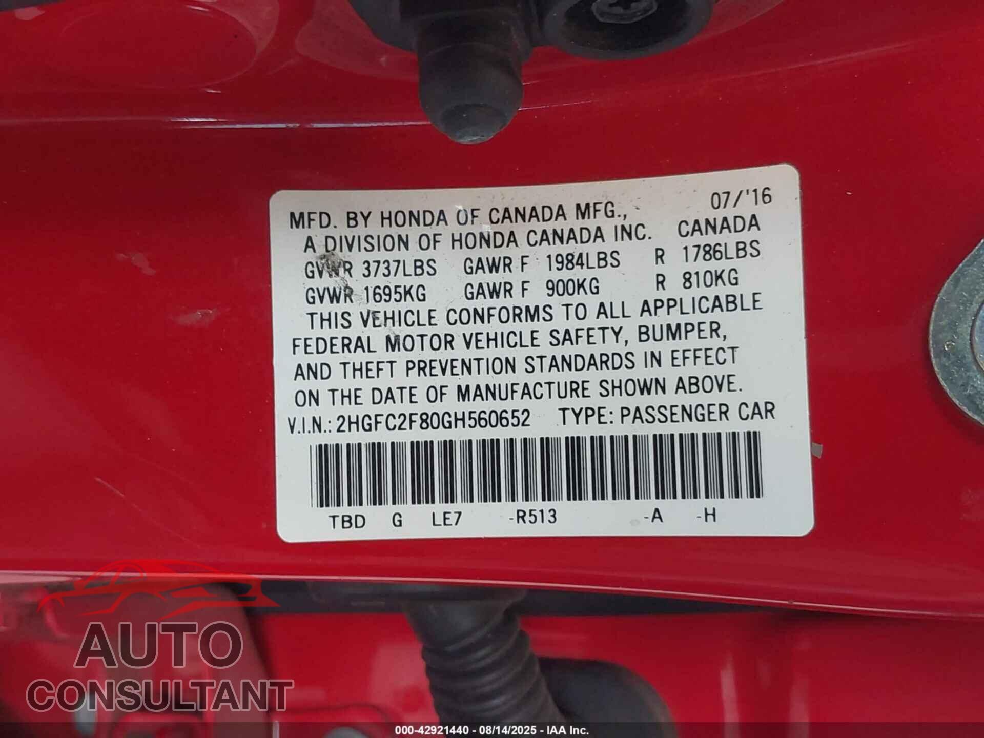 HONDA CIVIC 2016 - 2HGFC2F80GH560652