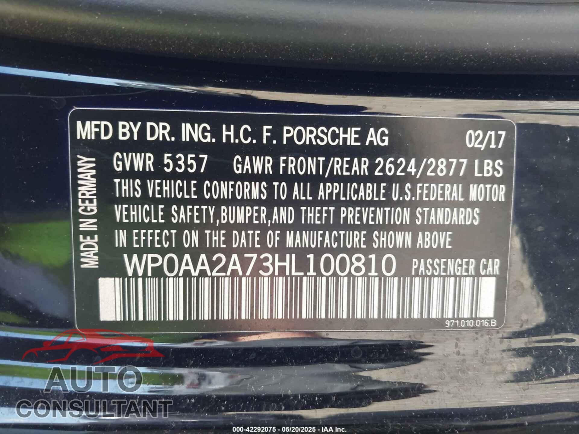 PORSCHE PANAMERA 2017 - WP0AA2A73HL100810