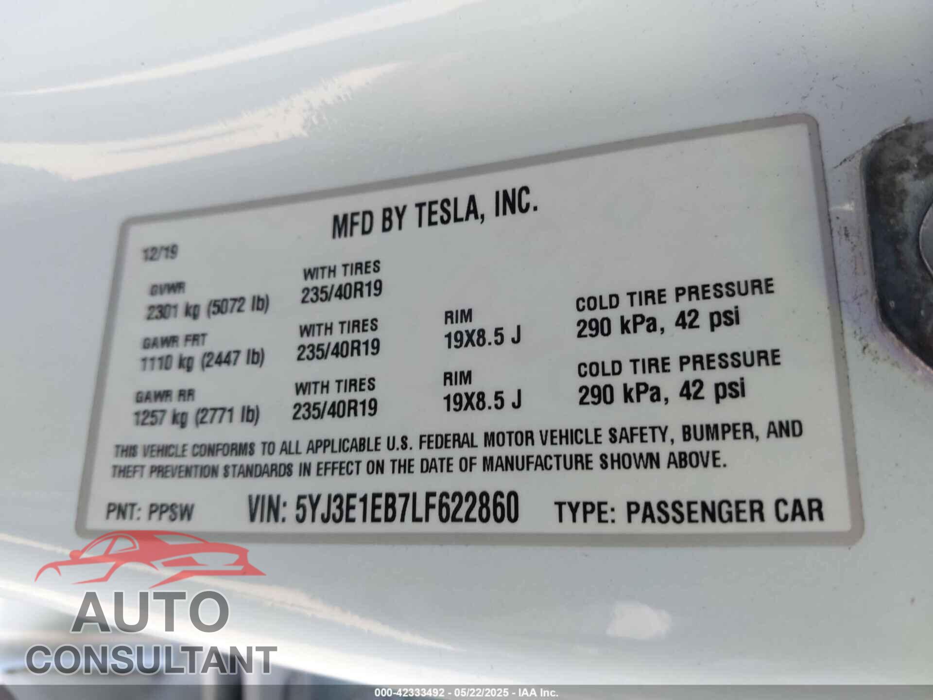 TESLA MODEL 3 2020 - 5YJ3E1EB7LF622860