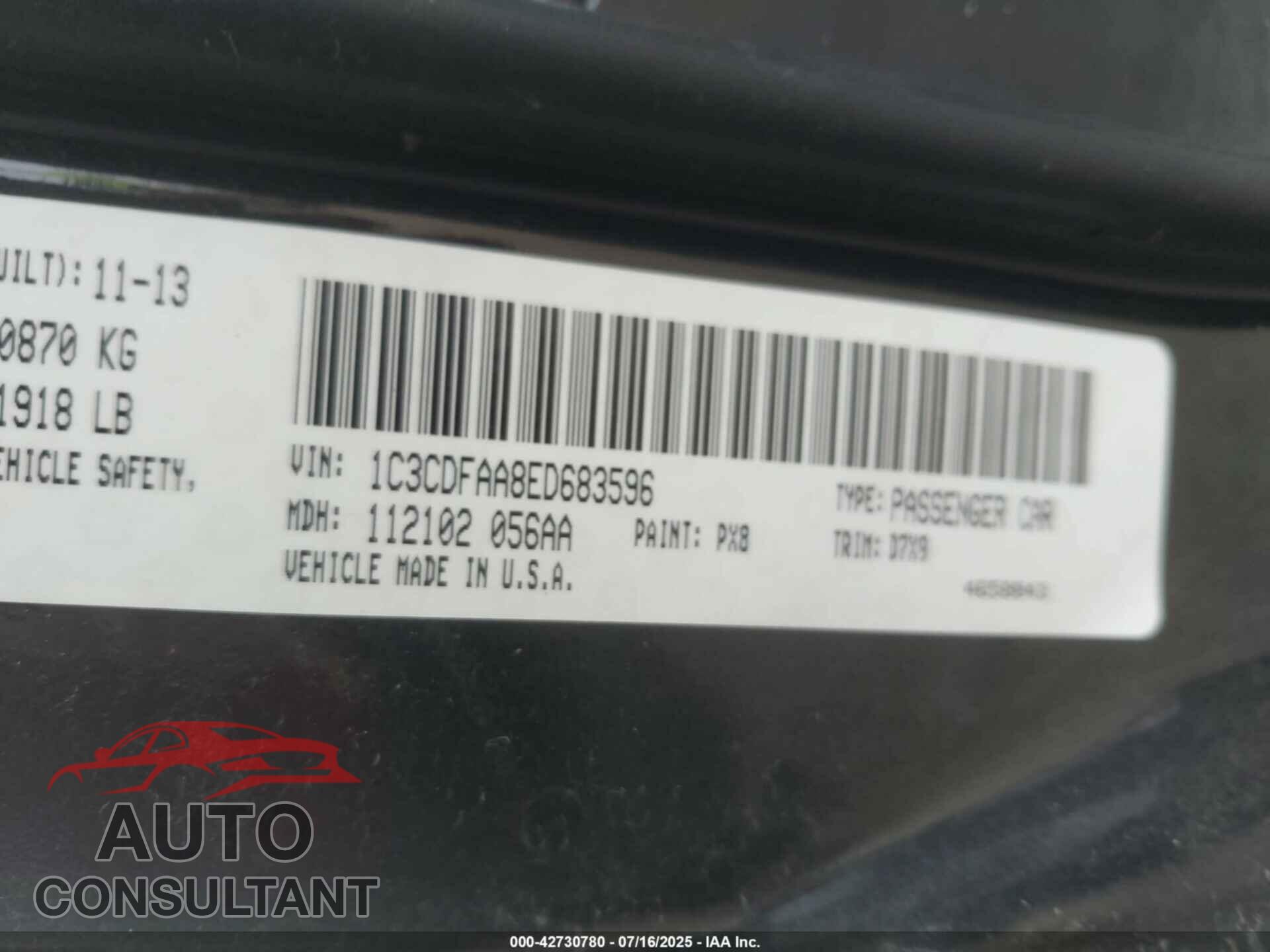 DODGE DART 2014 - 1C3CDFAA8ED683596