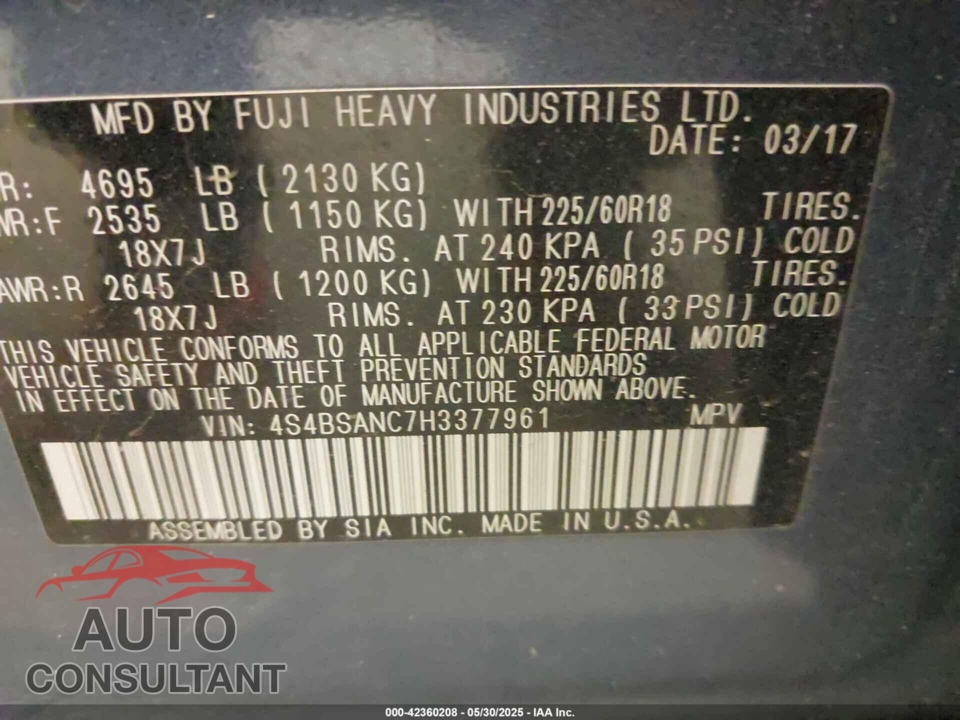 SUBARU OUTBACK 2017 - 4S4BSANC7H3377961