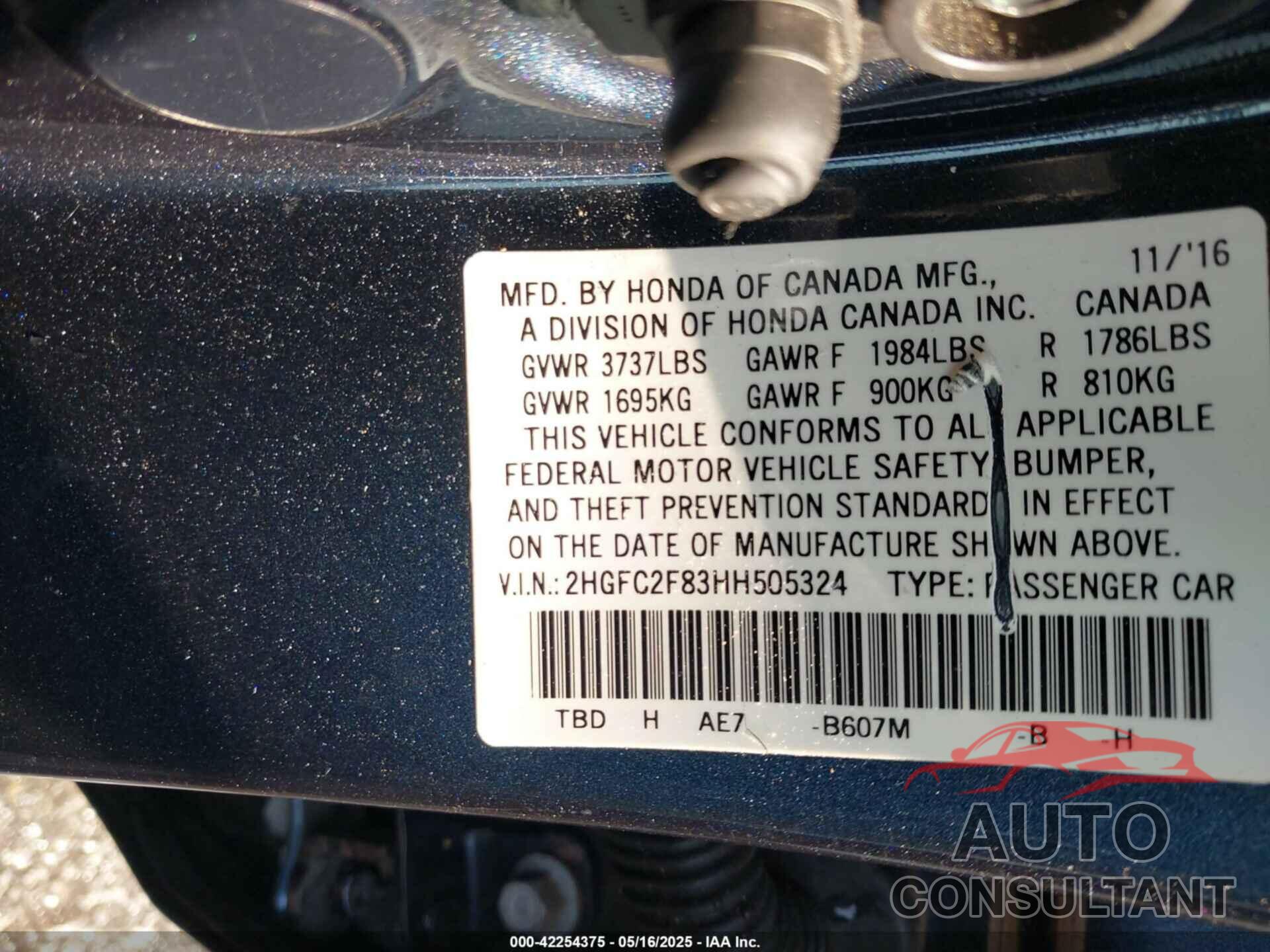HONDA CIVIC 2017 - 2HGFC2F83HH505324