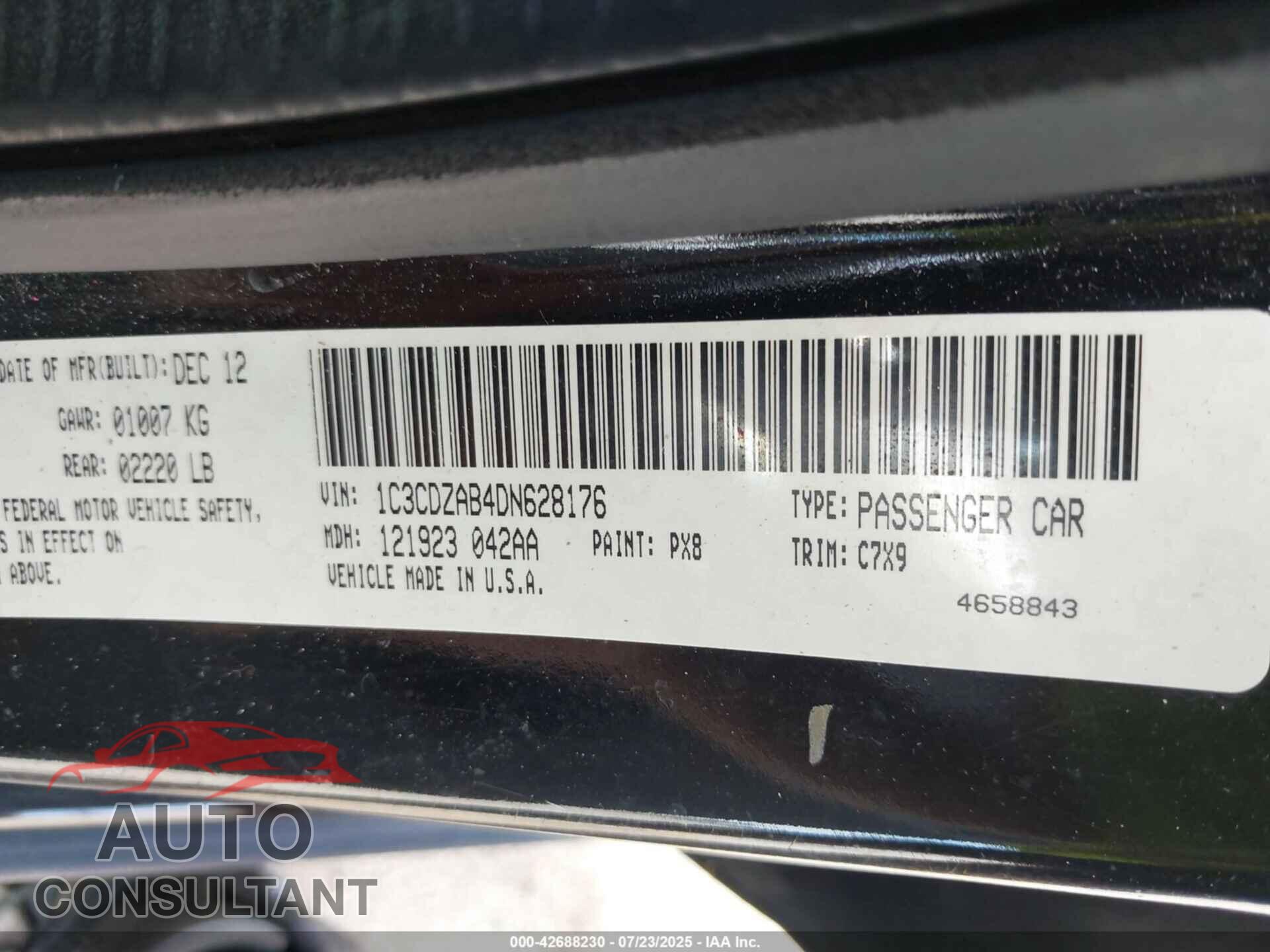 DODGE AVENGER 2013 - 1C3CDZAB4DN628176
