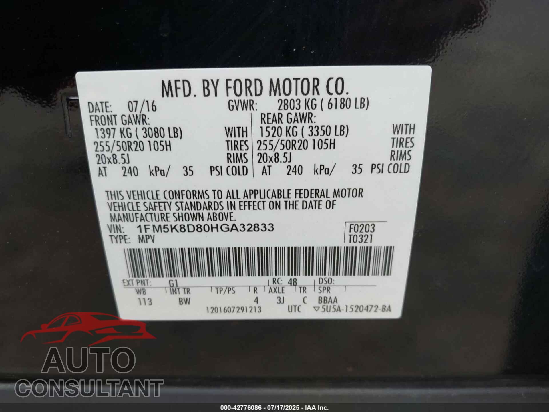 FORD EXPLORER 2017 - 1FM5K8D80HGA32833