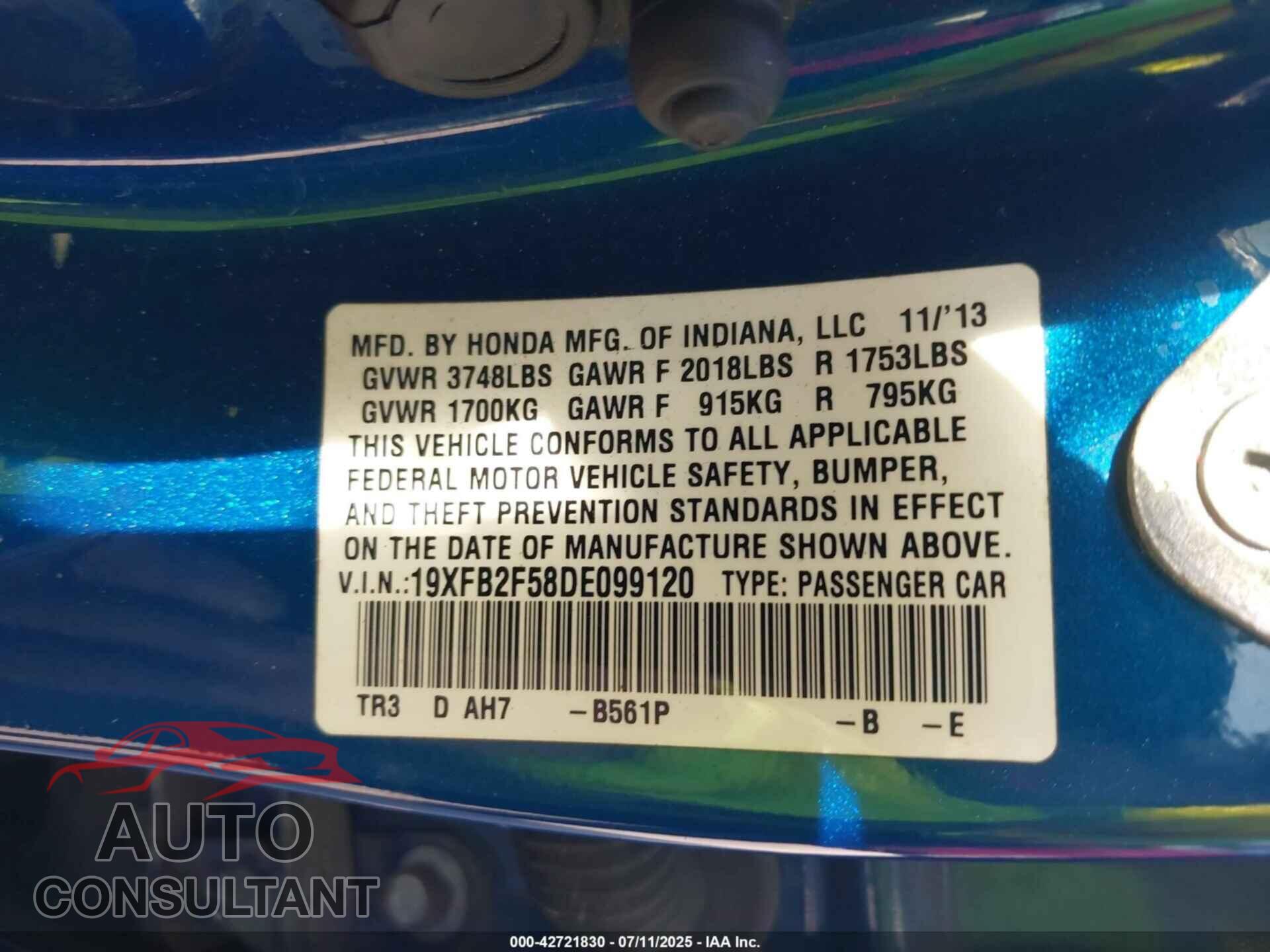 HONDA CIVIC 2013 - 19XFB2F58DE099120