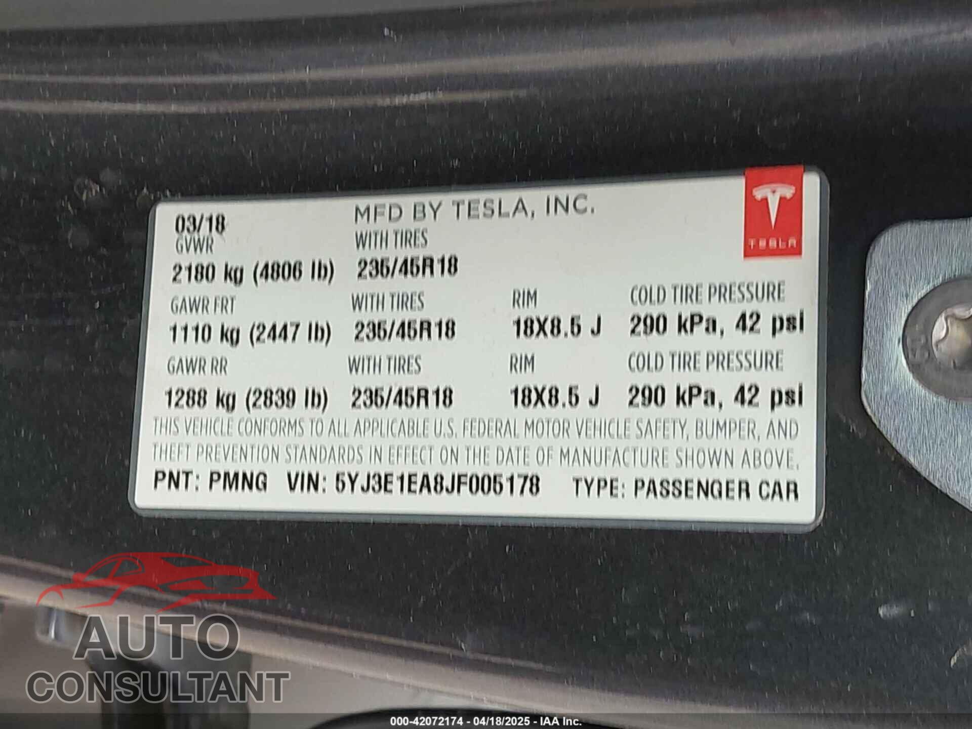 TESLA MODEL 3 2018 - 5YJ3E1EA8JF005178