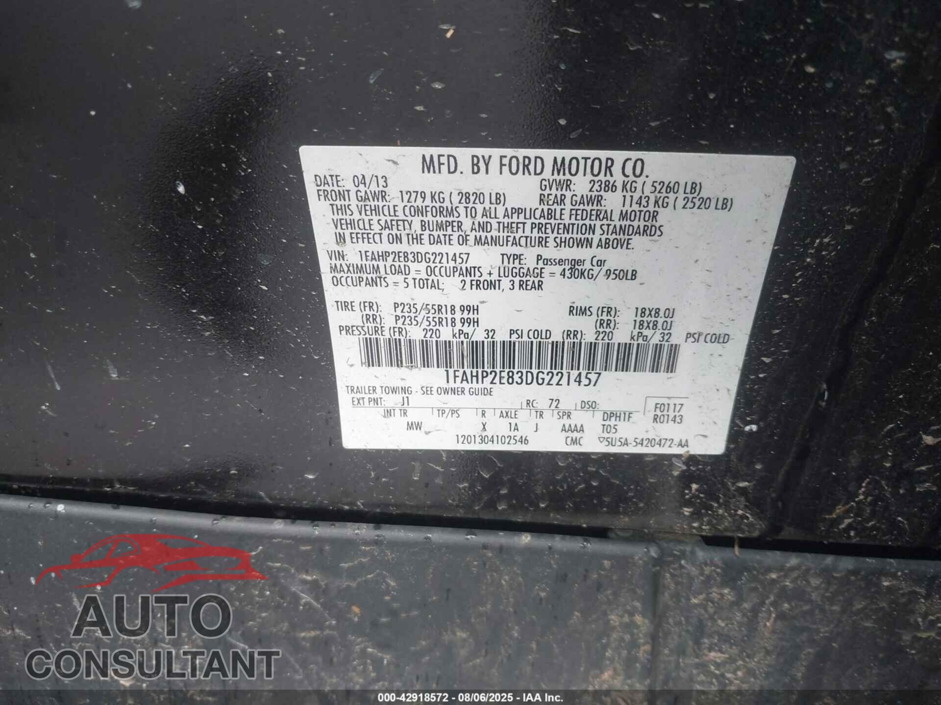 FORD TAURUS 2013 - 1FAHP2E83DG221457